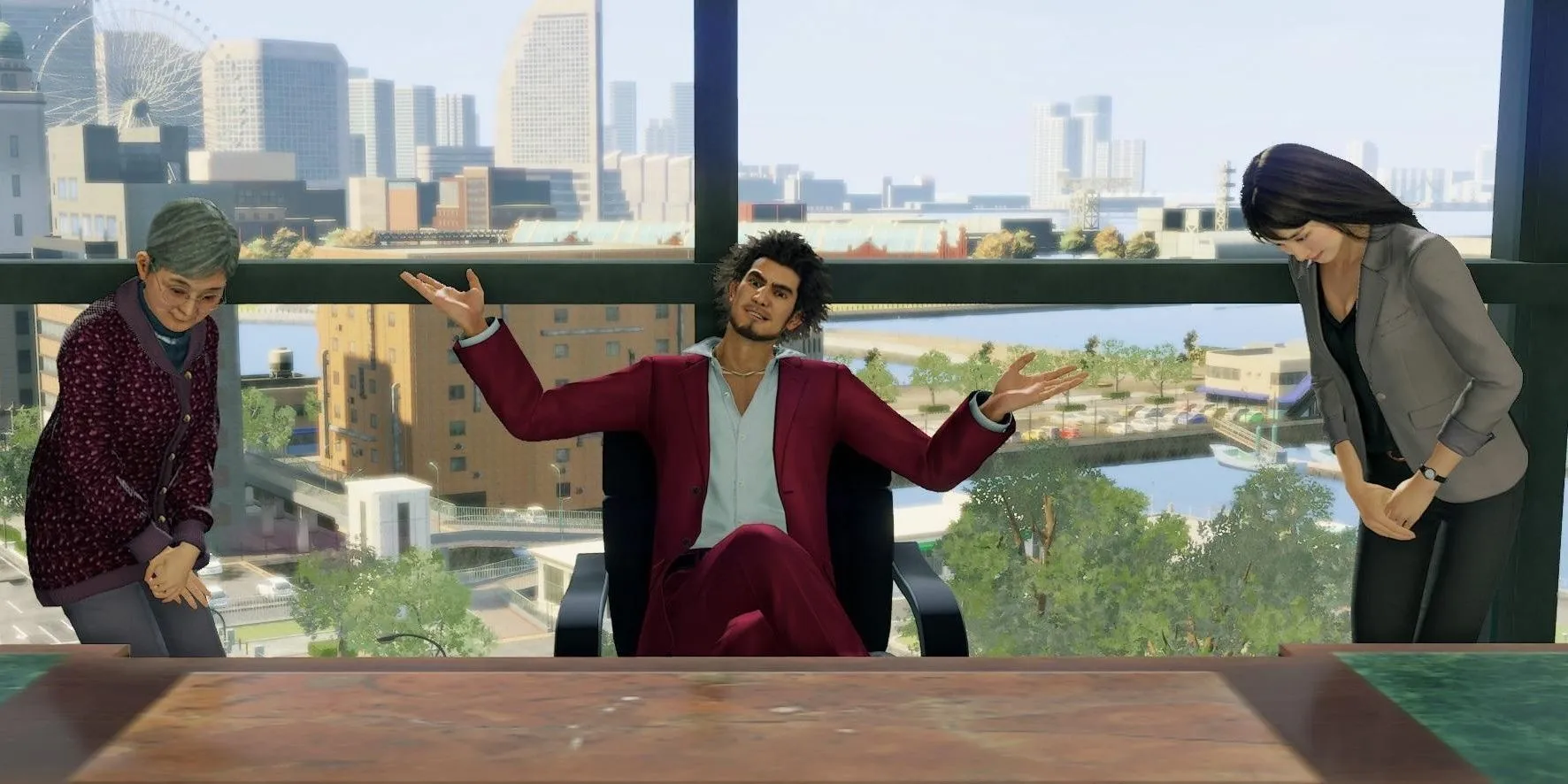 Ichiban Kasuga với tòa nhà Ichiban Holdings trong minigame Quản lý Kinh doanh của Yakuza Like A Dragon