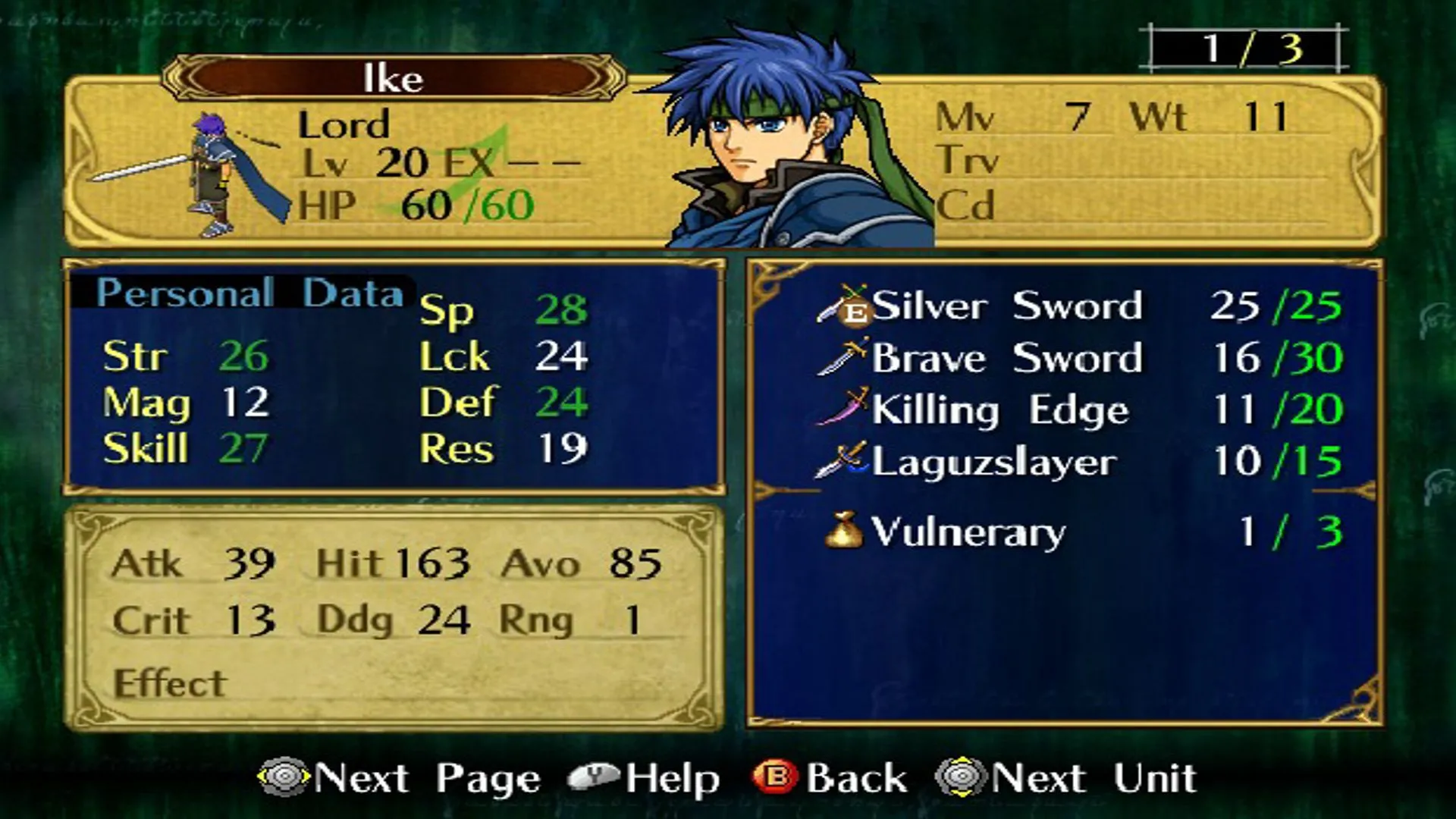 Ike, nhân vật biểu tượng trong Fire Emblem: Path of Radiance, với nhiều chỉ số được tối đa hóa nhờ sử dụng vật phẩm không chút do dự.