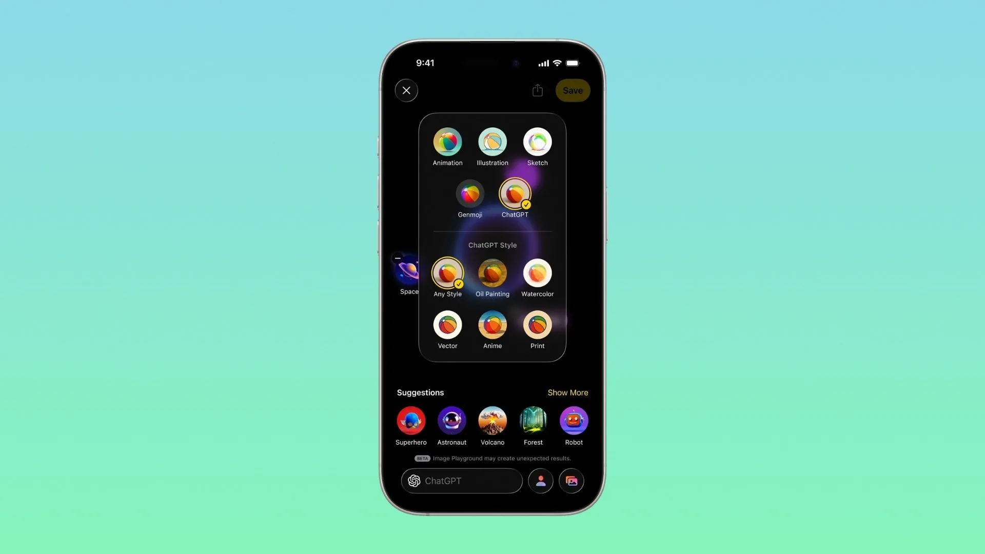 Image Playground trên iPhone hiển thị các phong cách vẽ khác nhau được hỗ trợ bởi ChatGPT, từ tranh sơn dầu đến nghệ thuật vector trong iOS 26.