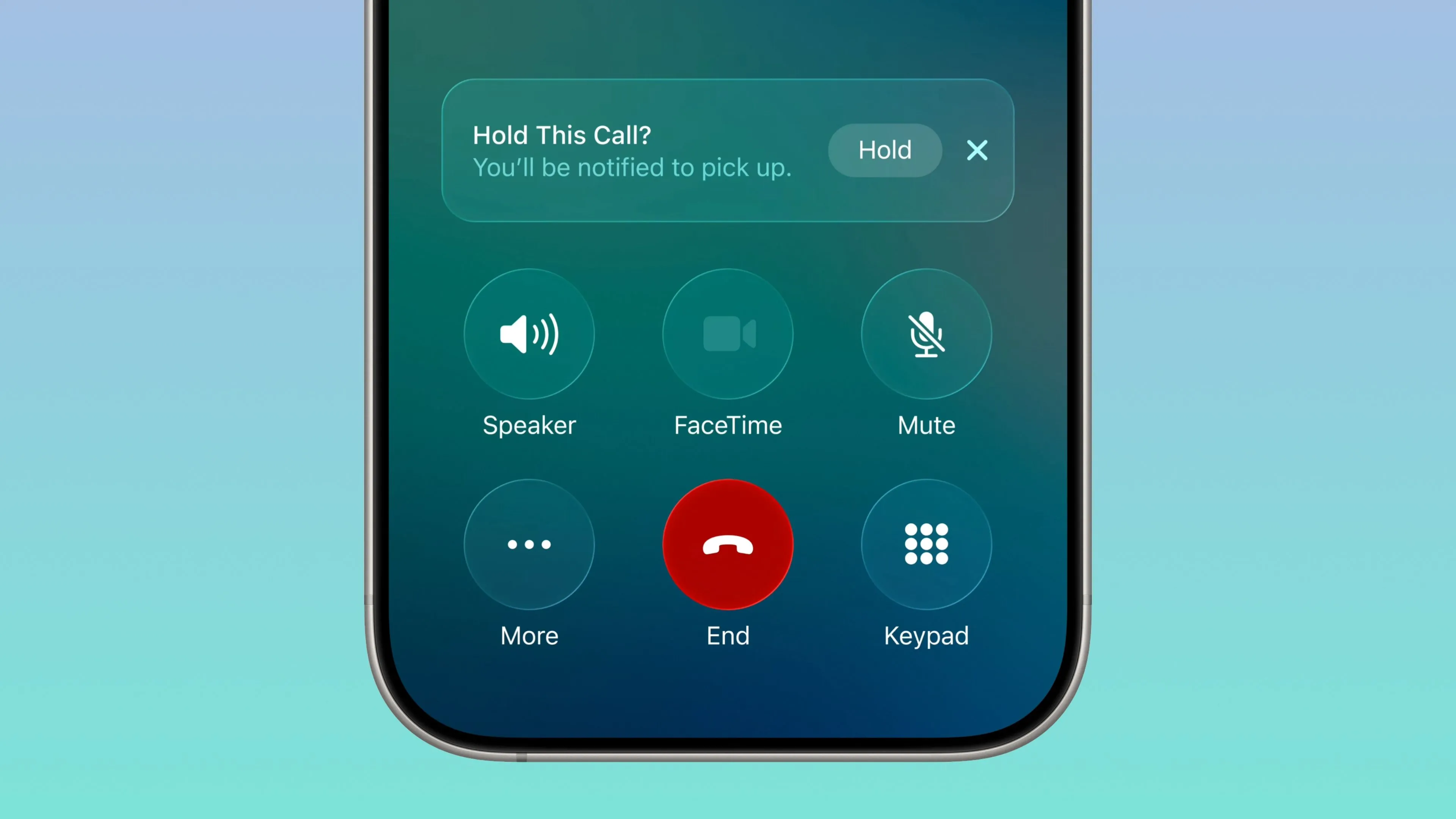 iPhone hiển thị biểu ngữ tính năng Giữ Máy Hộ (Hold Assist) trong ứng dụng Điện thoại của iOS 26, cho phép người dùng chờ cuộc gọi trong khi làm việc khác.