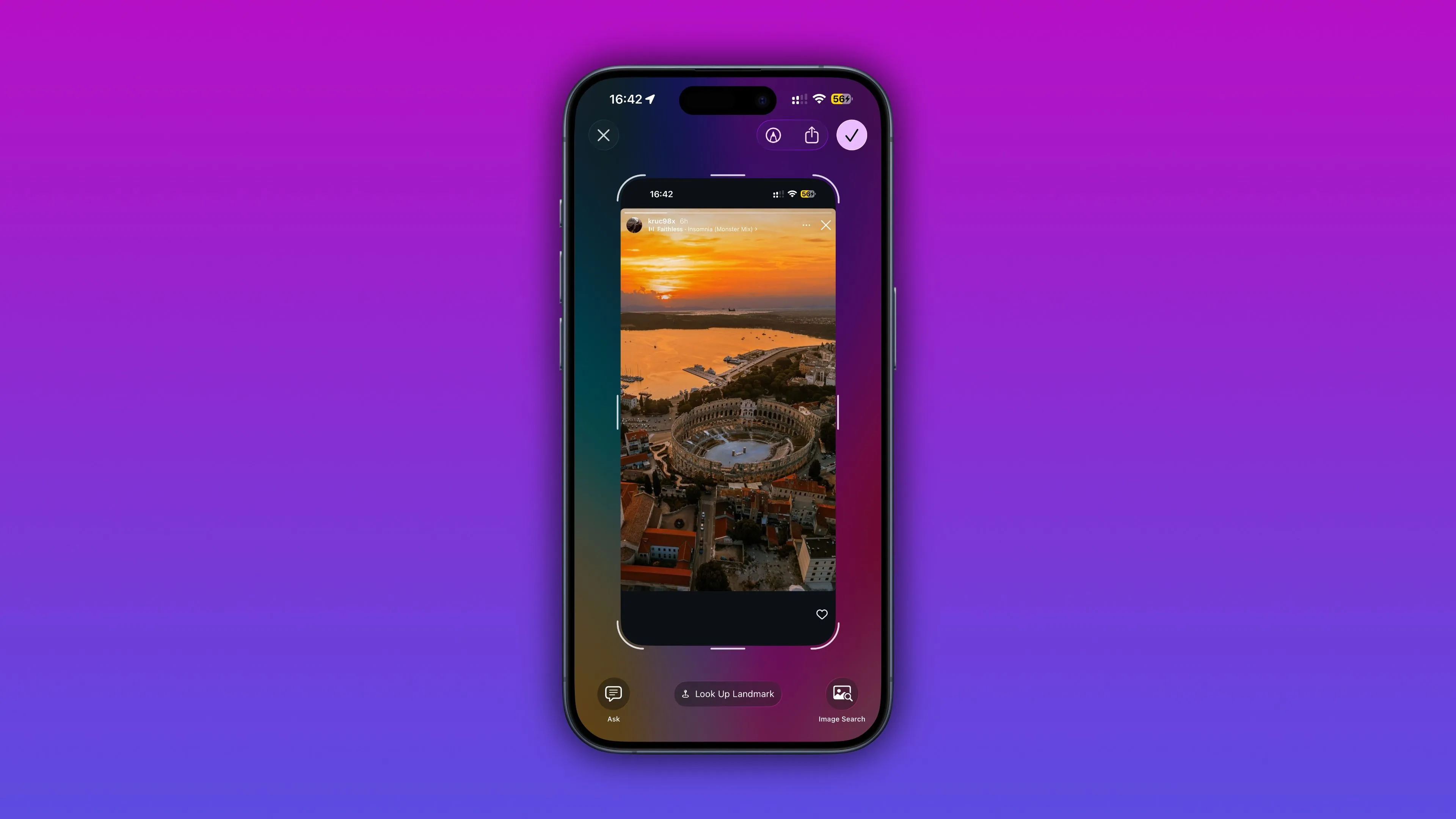 iPhone sử dụng Visual Intelligence để nhận diện địa danh trên ảnh chụp màn hình Instagram, cho thấy khả năng phân tích hình ảnh nâng cao của iOS 26 với Apple Intelligence.