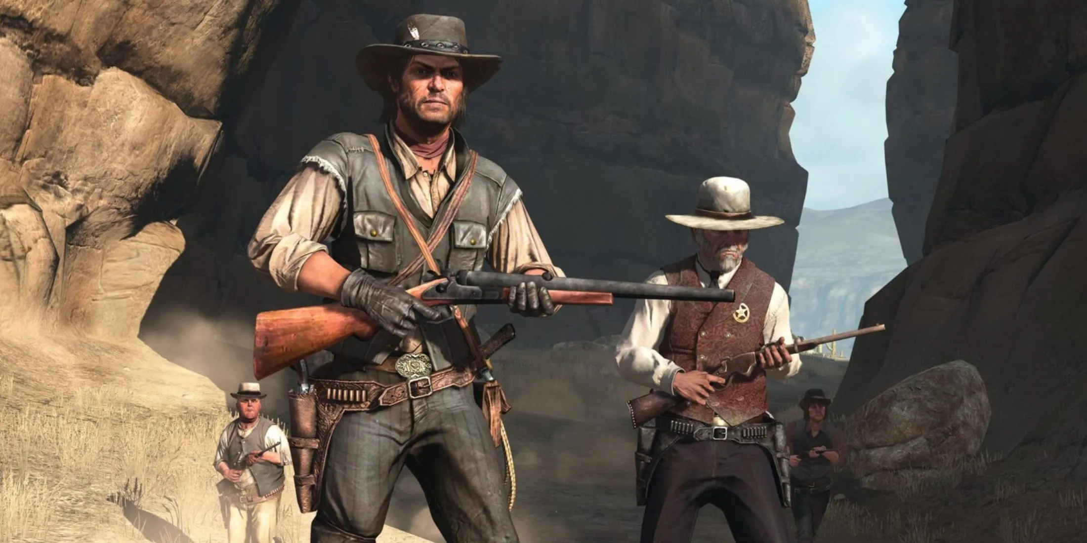 John Marston cưỡi ngựa trong Red Dead Redemption và hình ảnh từ Red Dead Revolver