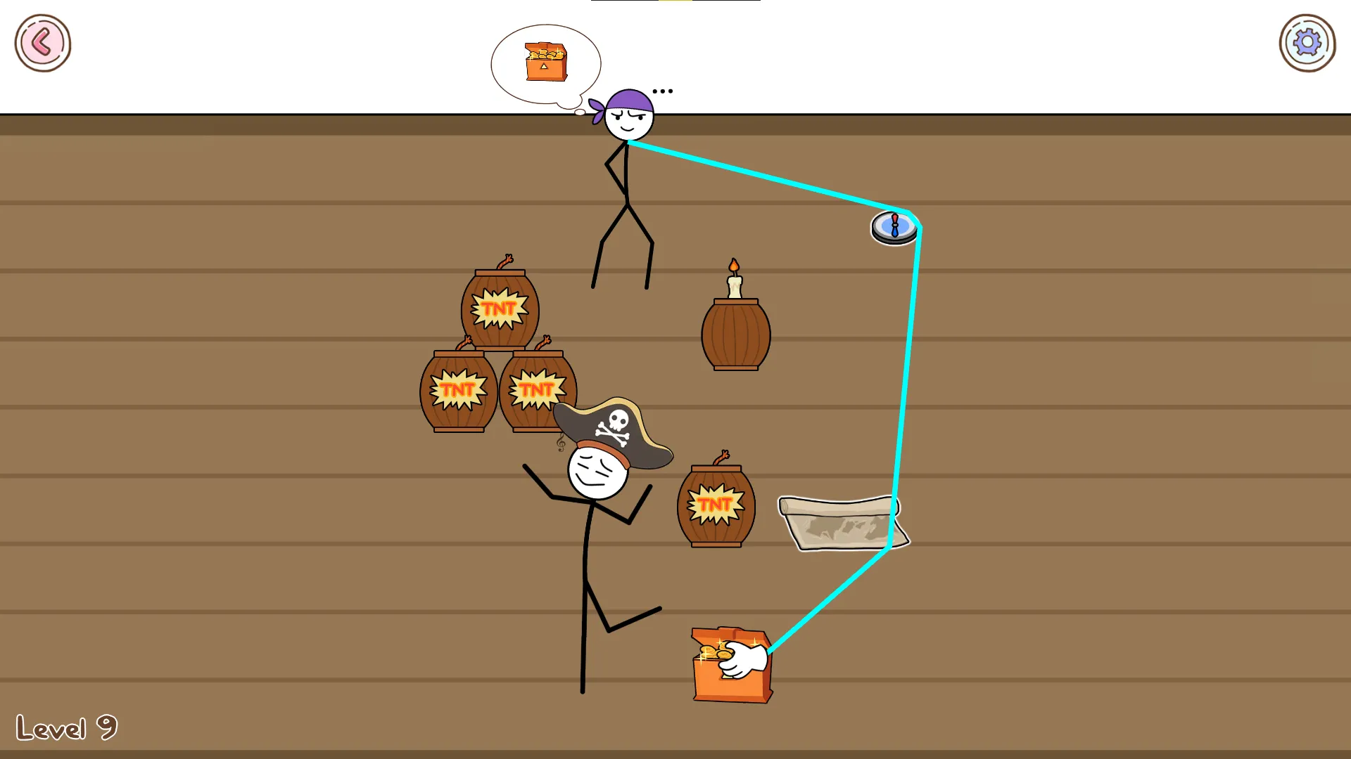 Kẻ trộm stick figure đánh cắp rương vàng từ cướp biển trong game Thief Puzzle.