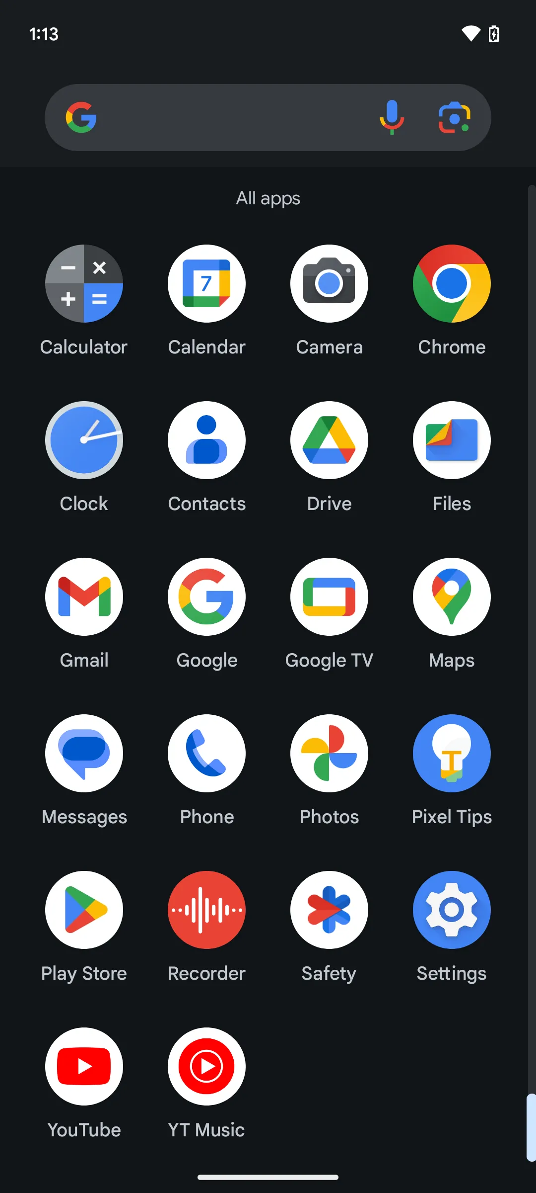 Khay ứng dụng Android trên Pixel 7 với phần lớn là các ứng dụng của Google.