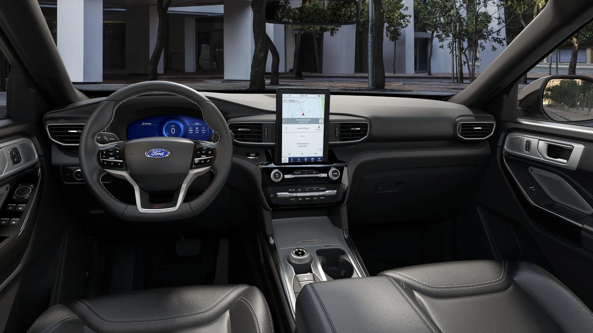 Khoang lái của Ford Explorer ST 2023 với vô lăng và hệ thống thông tin giải trí, hướng dẫn chủ xe liên hệ hỗ trợ