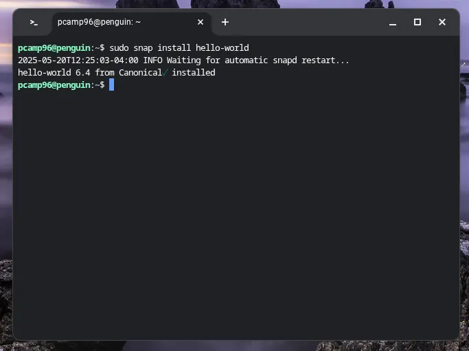 Kiểm tra cài đặt Snap thành công bằng gói &quot;hello-world&quot; trên Chromebook.
