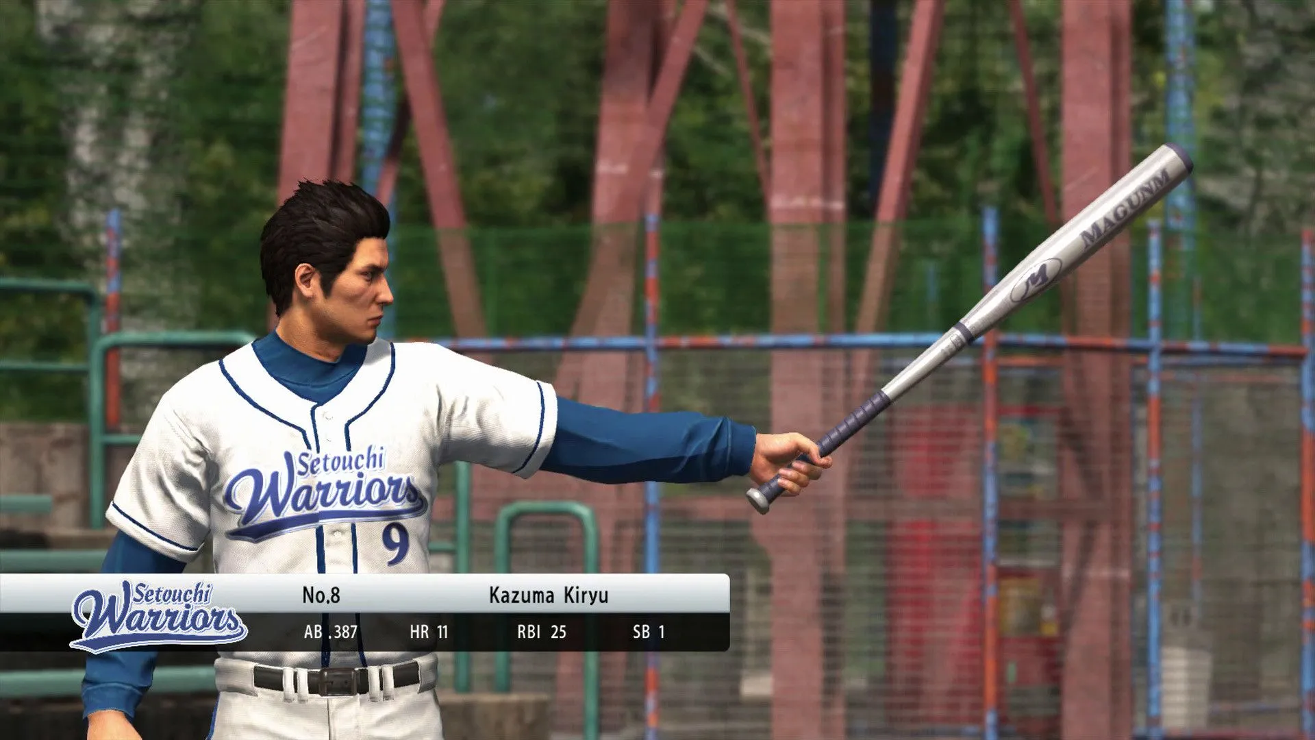 Kiryu đánh bóng chày trong minigame Baseball của Yakuza 6