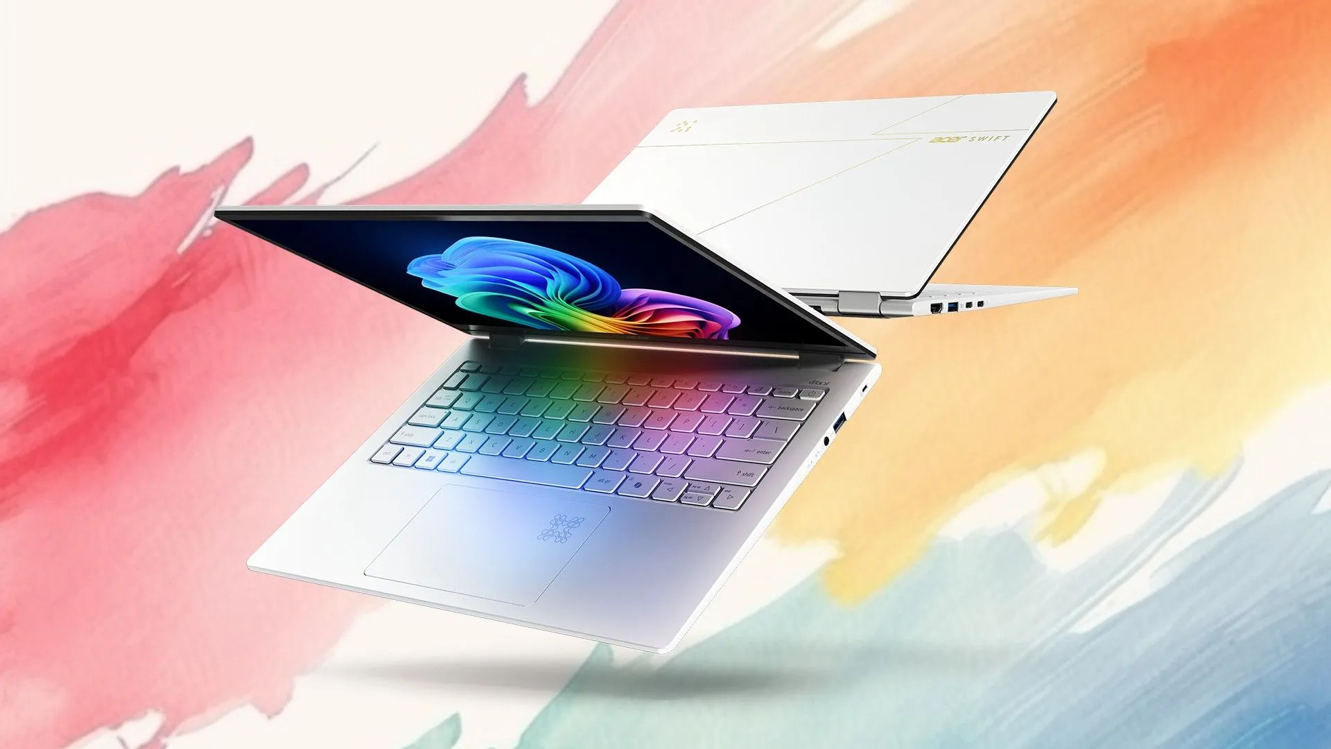 Laptop Acer Swift Edge 14 AI mỏng nhẹ với màn hình OLED 3K, đặt trên nền màu sắc gradient tươi sáng, phù hợp cho công việc sáng tạo.