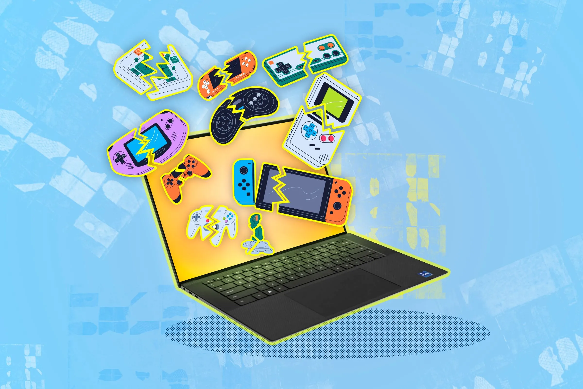 Laptop với các tay cầm chơi game hỏng, tượng trưng cho khả năng giả lập game console trên nền tảng PC
