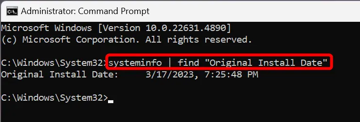 Lệnh systeminfo trong Command Prompt hiển thị ngày cài đặt Windows gốc.