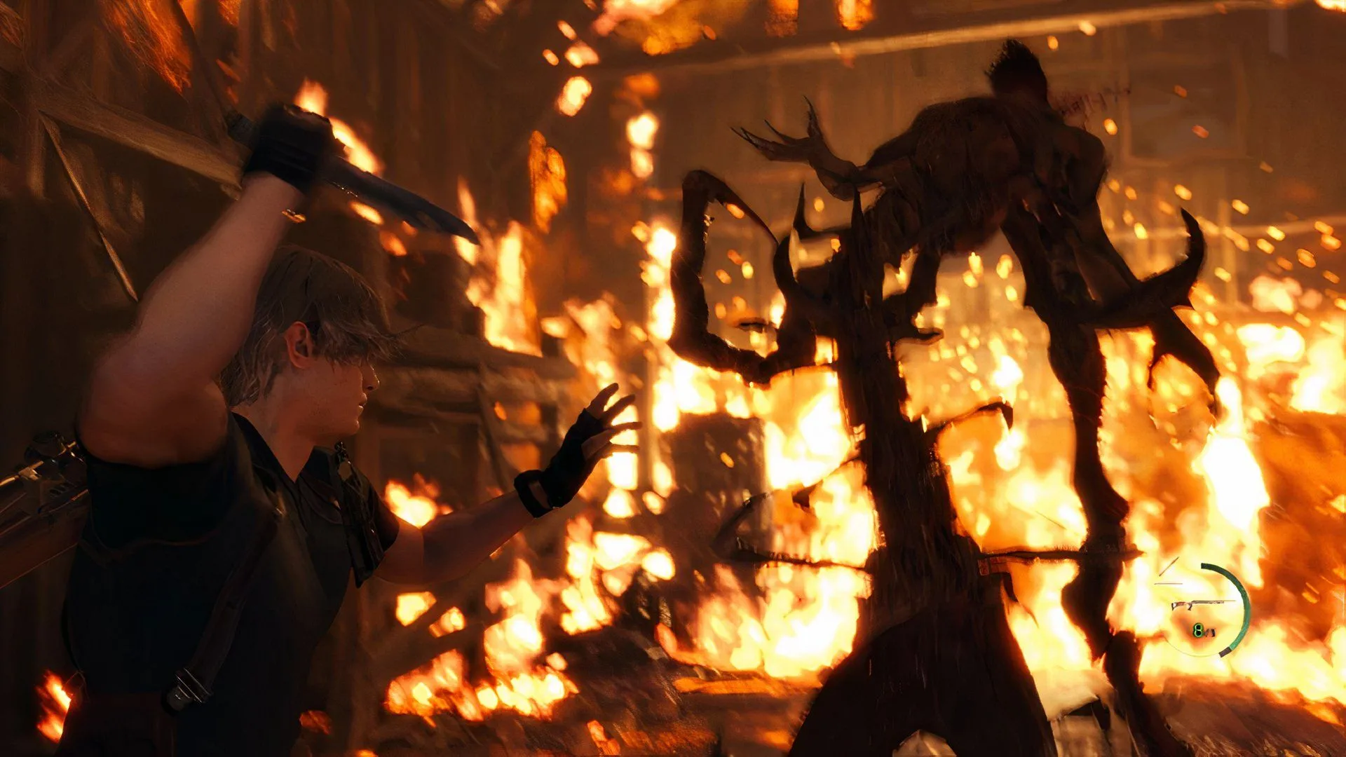 Leon sử dụng dao đối phó với kẻ thù to lớn, minh họa thiết kế quái vật đáng sợ trong Resident Evil.