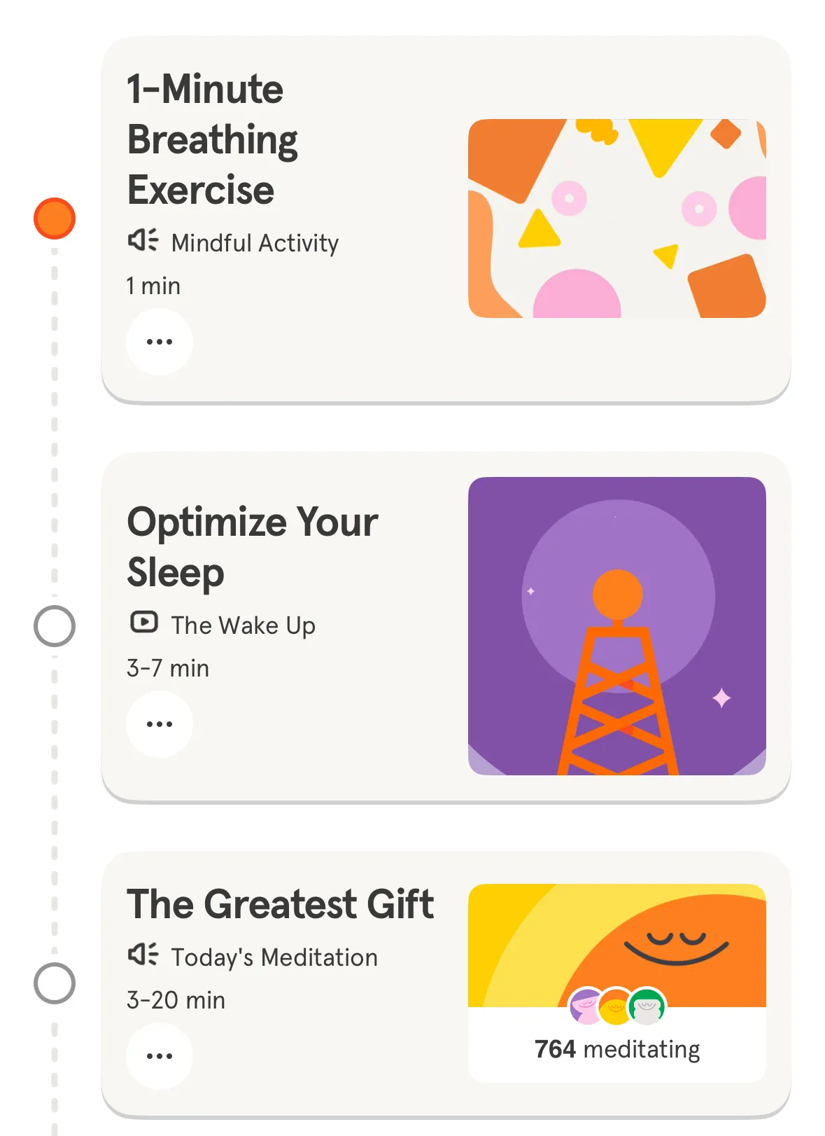 Lịch trình các bài tập thiền chánh niệm và thư giãn được hiển thị trong ứng dụng Headspace, hỗ trợ sức khỏe tinh thần.
