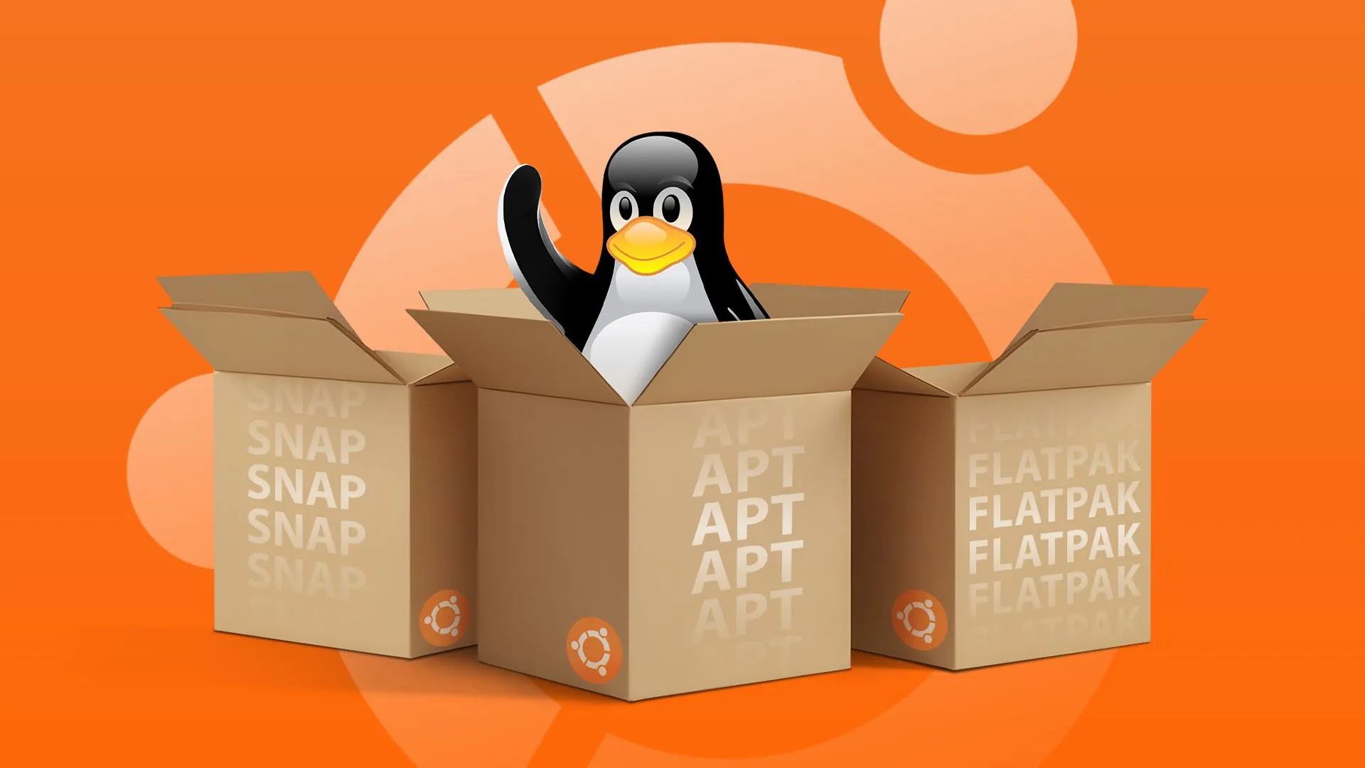 Linh vật Linux Tux bên trong một hộp cùng hai hộp khác và logo Ubuntu ở nền, minh họa sự đa dạng của các định dạng gói ứng dụng Linux như Snap, DEB và Flatpak.