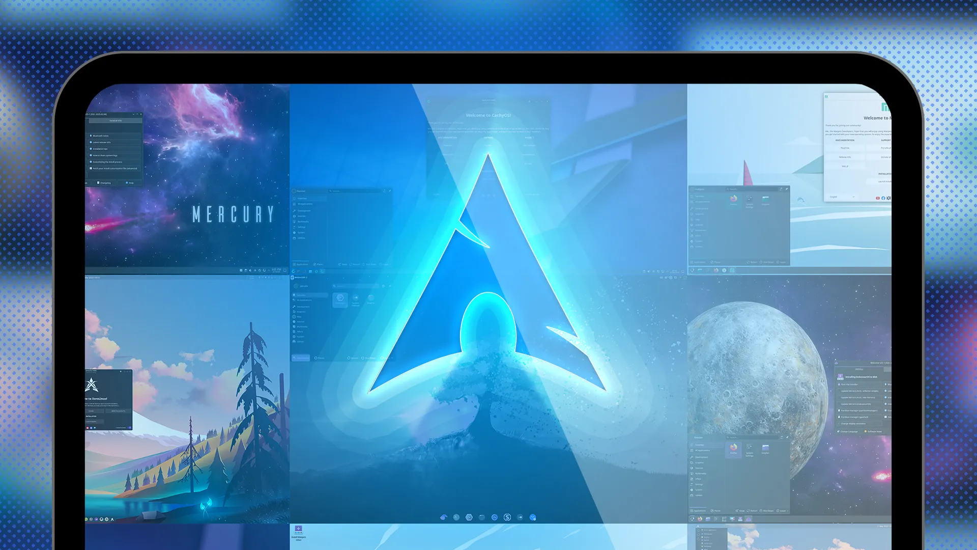 Logo Arch Linux cùng với các bản phân phối Linux khác, thể hiện nền tảng mạnh mẽ của Manjaro