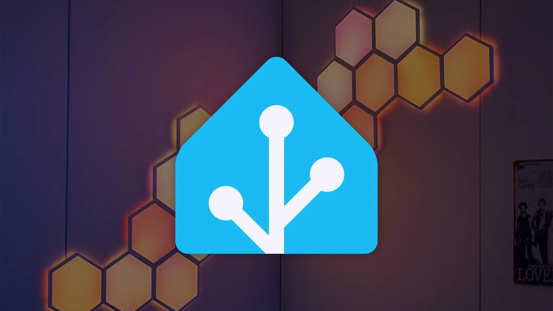 Logo Home Assistant trên nền đèn LED RGB, biểu tượng của nền tảng nhà thông minh.