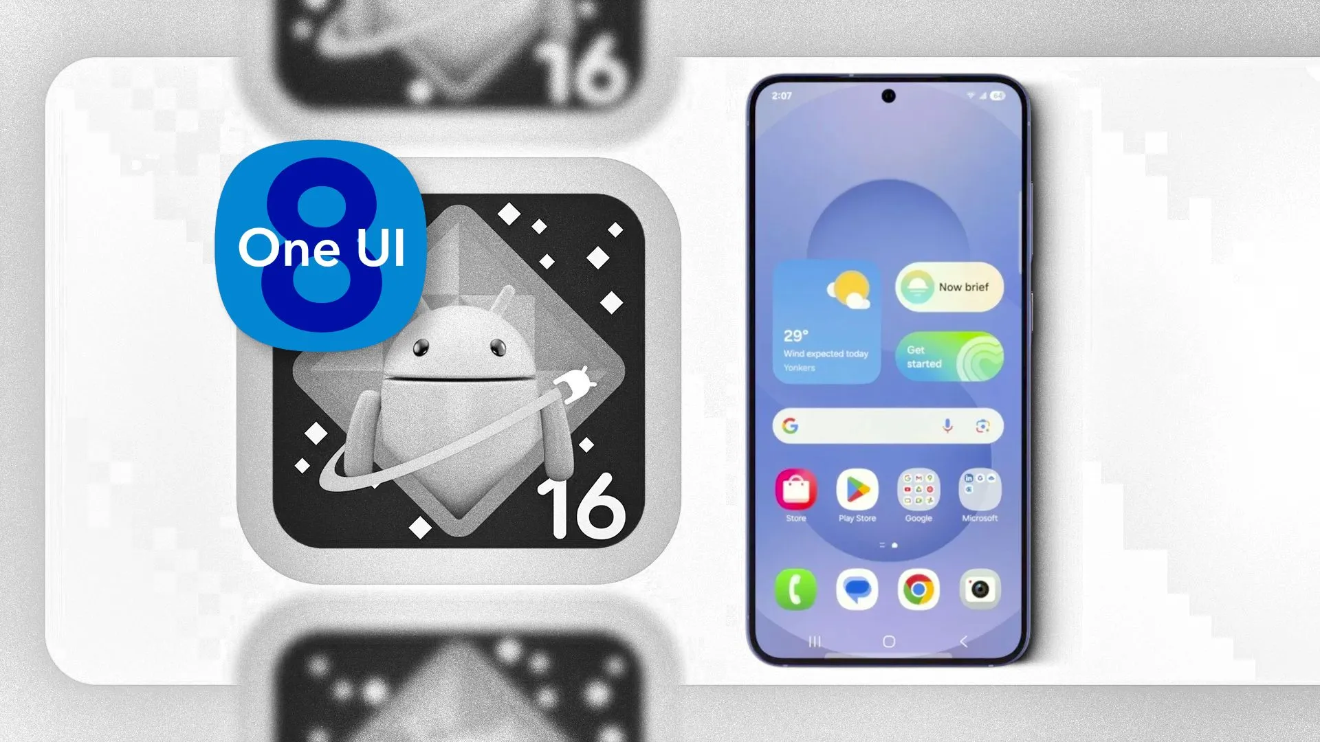 Logo One UI 8 đặt trên logo Android 16, cạnh điện thoại Samsung Galaxy, biểu thị sự kết hợp phần mềm
