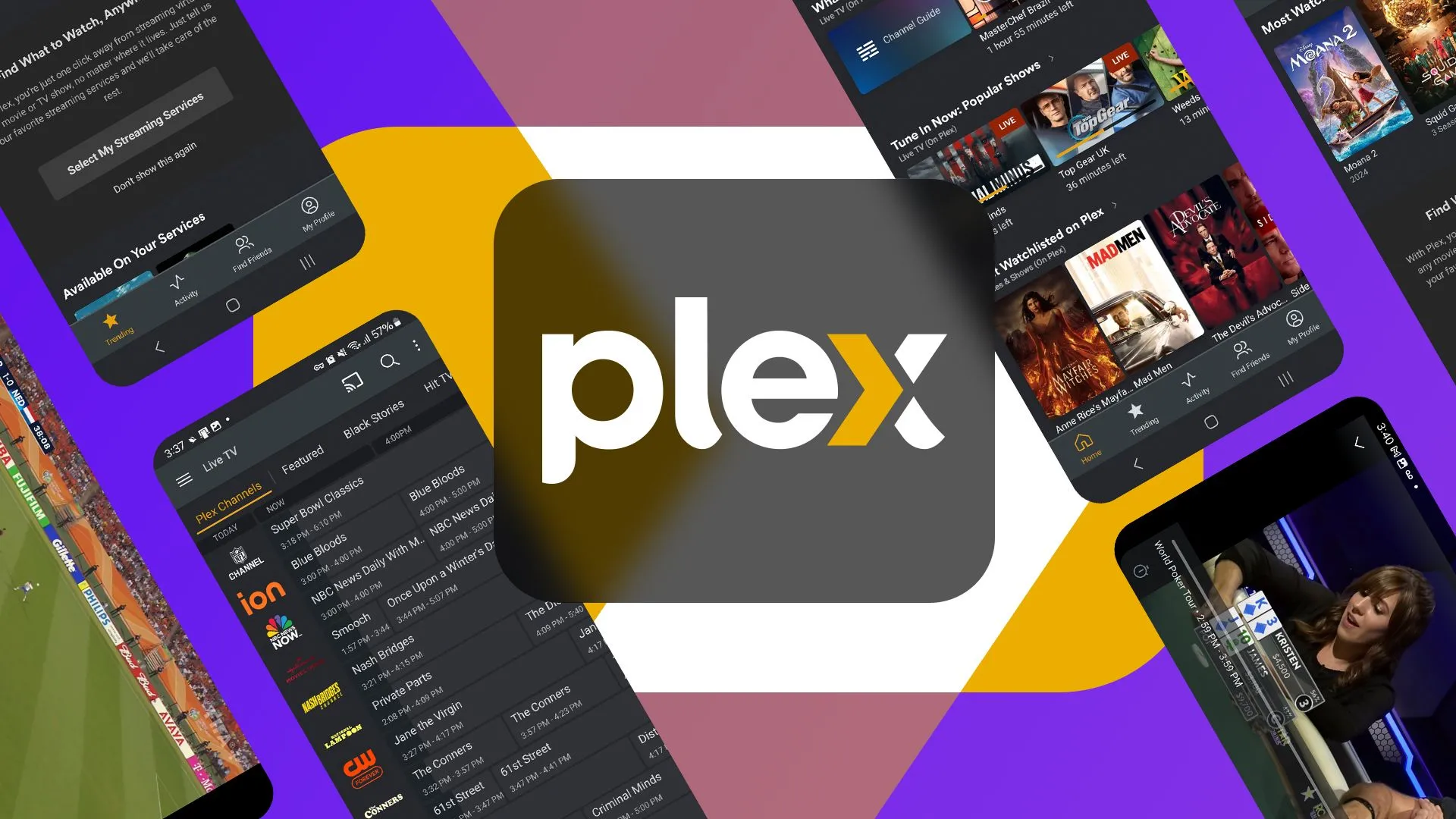 Logo Plex màu tím đặt cạnh giao diện ứng dụng Plex đang hiển thị nội dung giải trí, minh họa cho bản cập nhật mới trên Roku.