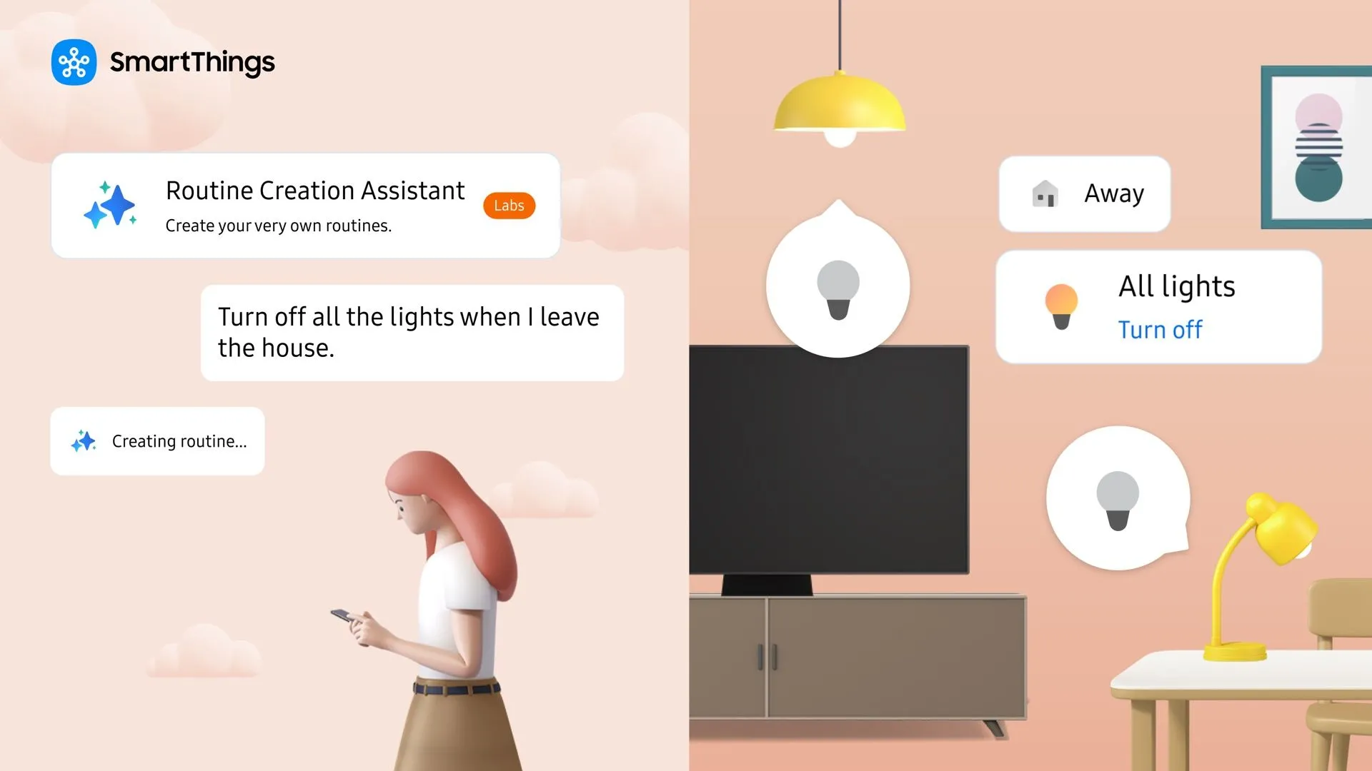Logo SmartThings của Samsung trên nền màu xanh nhạt, biểu tượng nhà thông minh