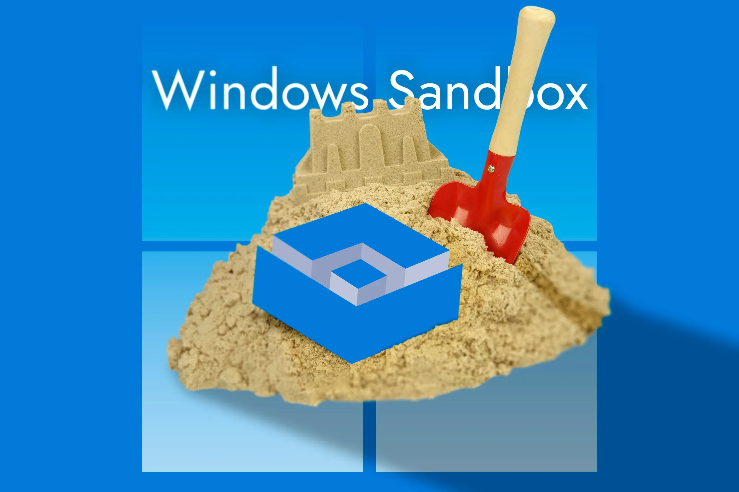 Logo Windows Sandbox trong hộp cát, biểu tượng cho môi trường thử nghiệm ứng dụng an toàn