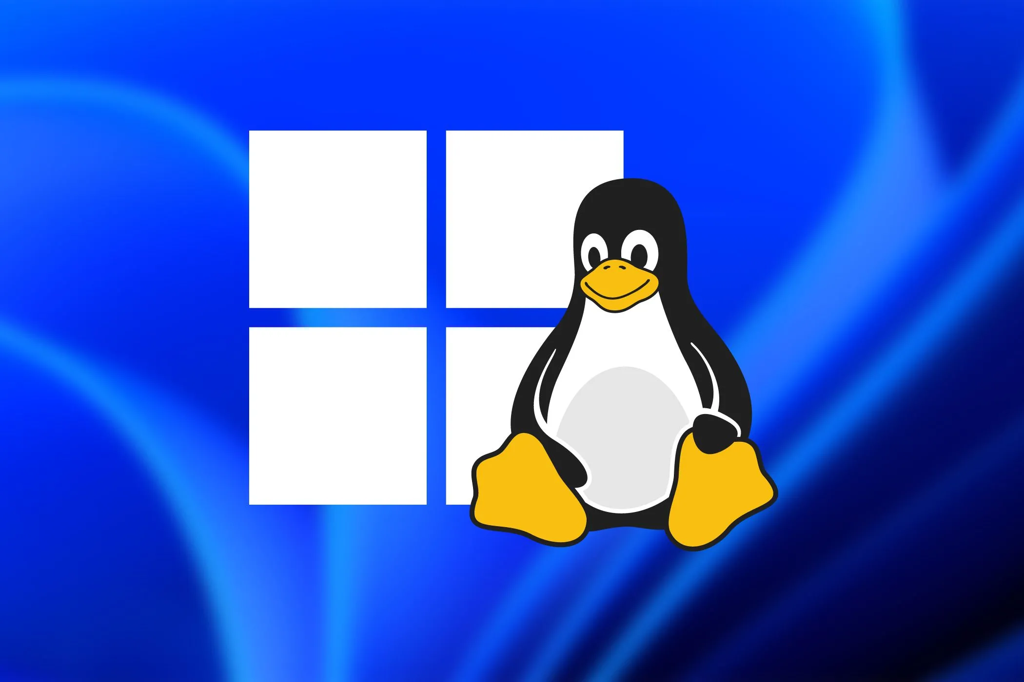Logo Windows và biểu tượng Tux của Linux cạnh nhau trên nền xanh
