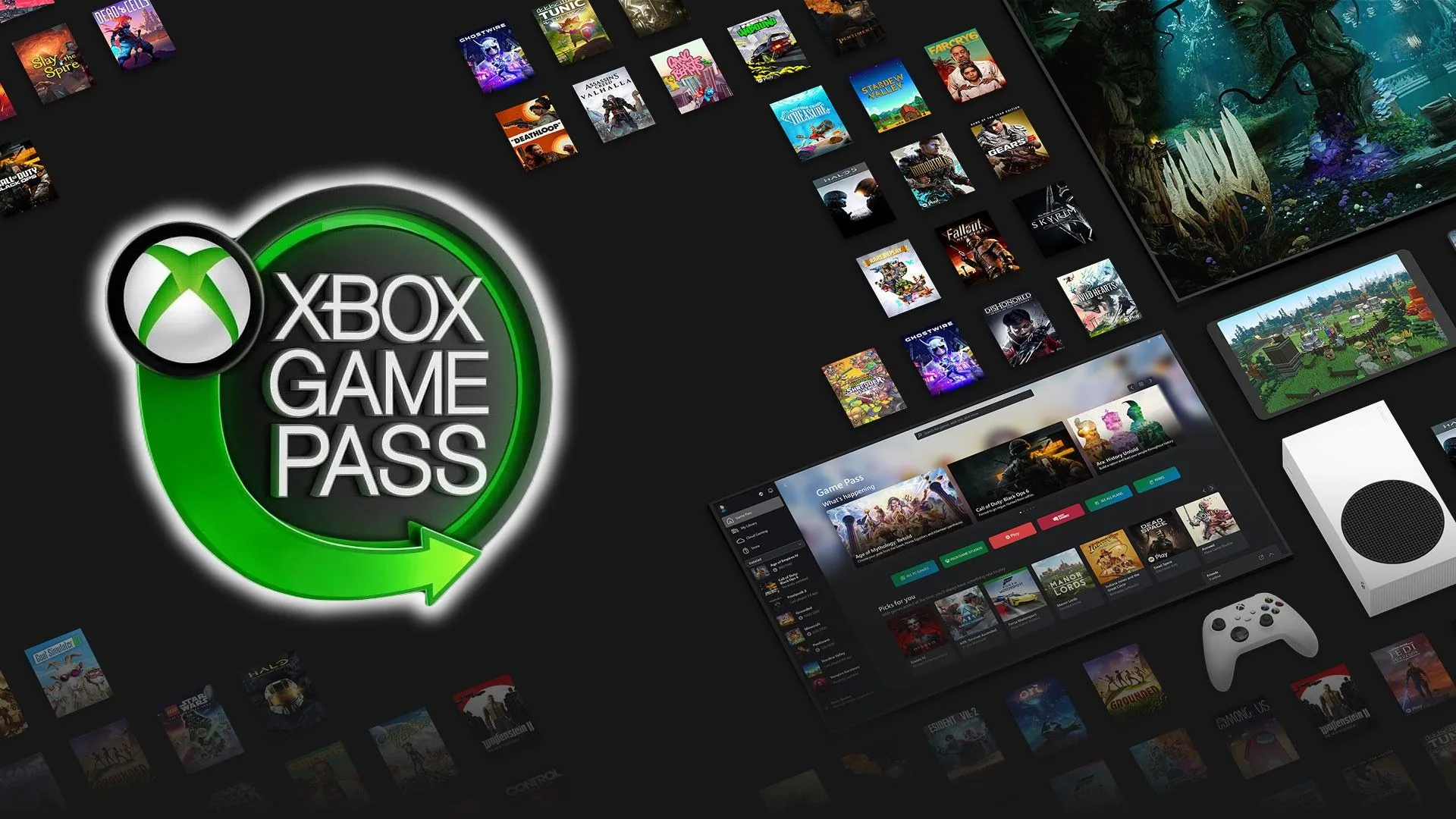Logo Xbox Game Pass cùng với một số tựa game và máy Xbox Series S, thể hiện lợi ích của dịch vụ đăng ký game.