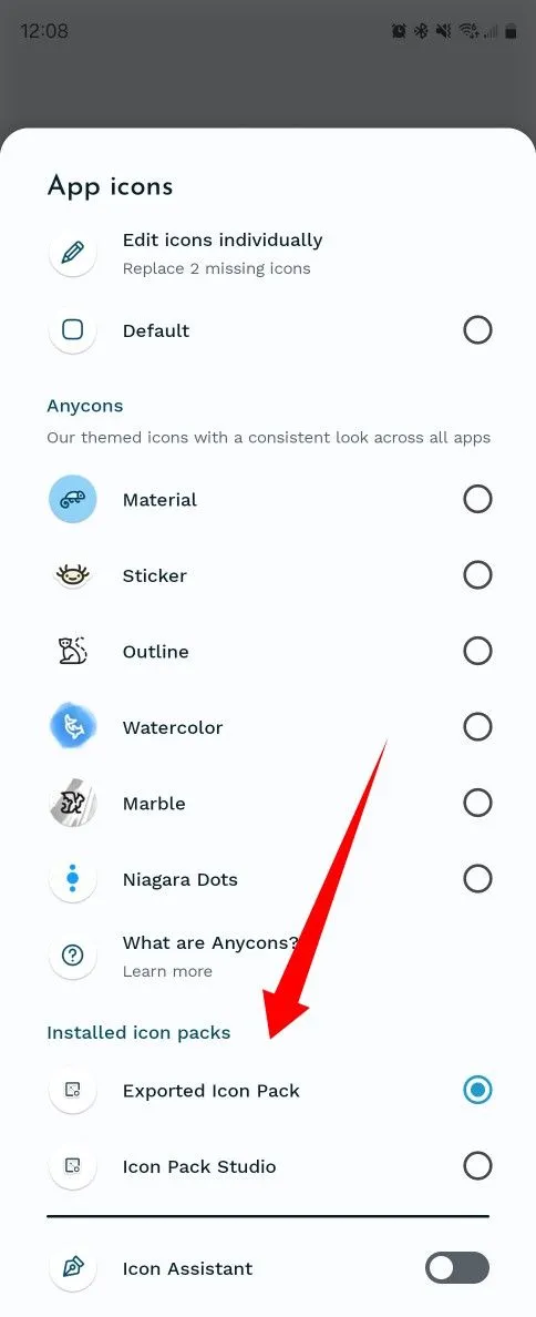 Lựa chọn một gói biểu tượng tùy chỉnh đã xuất từ Icon Pack Studio trong danh sách của Niagara Launcher.
