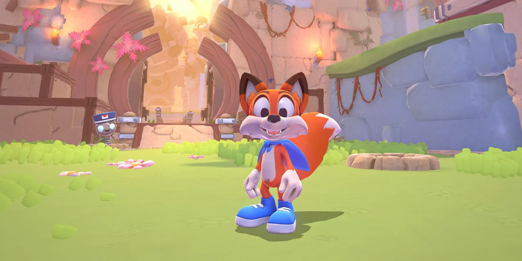 Lucky, chú cáo dễ thương, đang chạy trên một nền tảng đầy màu sắc trong game Lucky's Tale, minh họa gameplay platformer.
