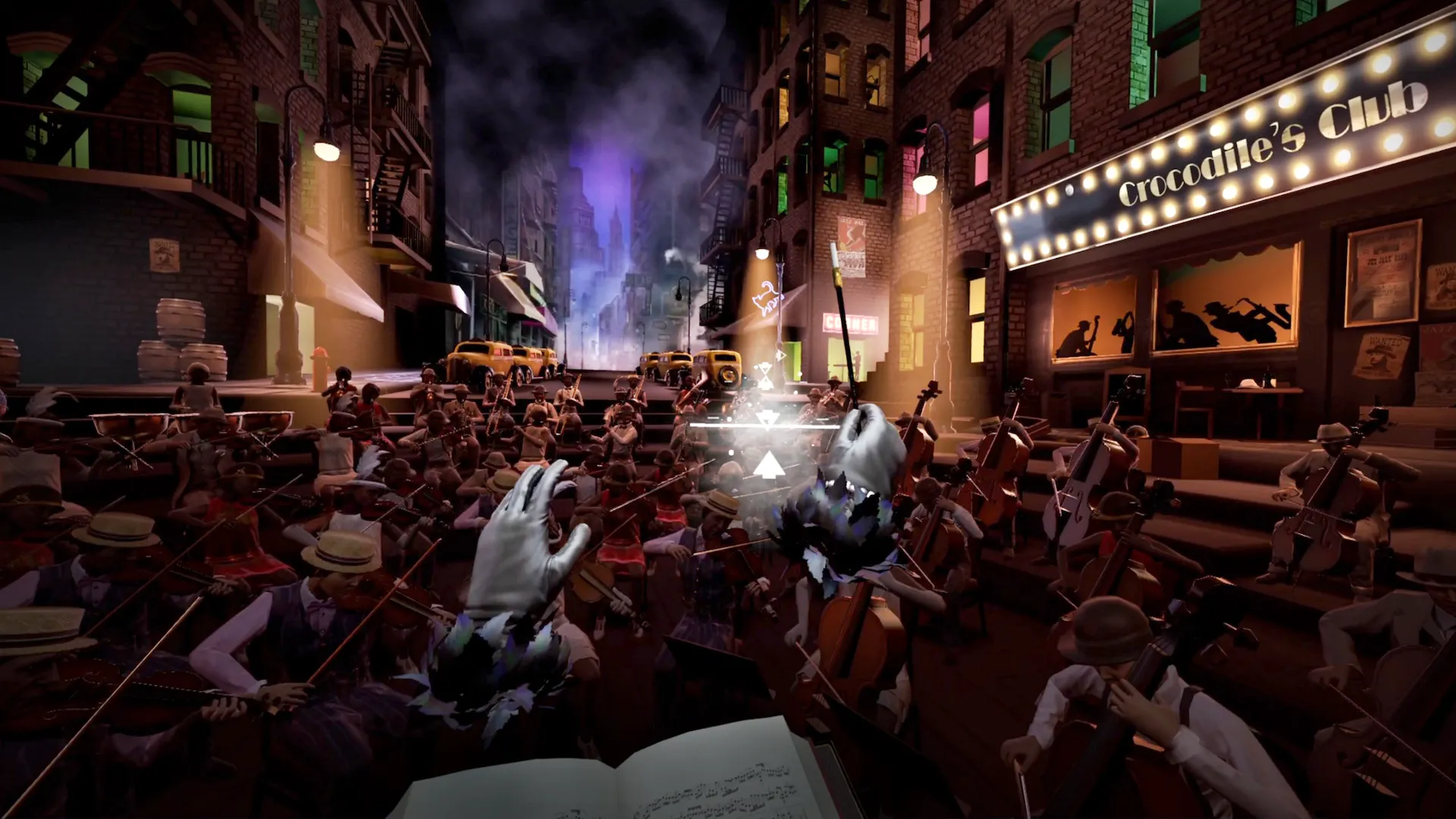 Maestro VR: Dàn nhạc Jazz biểu diễn trên đường phố New York, minh họa bối cảnh đa dạng và âm nhạc sống động trong game.