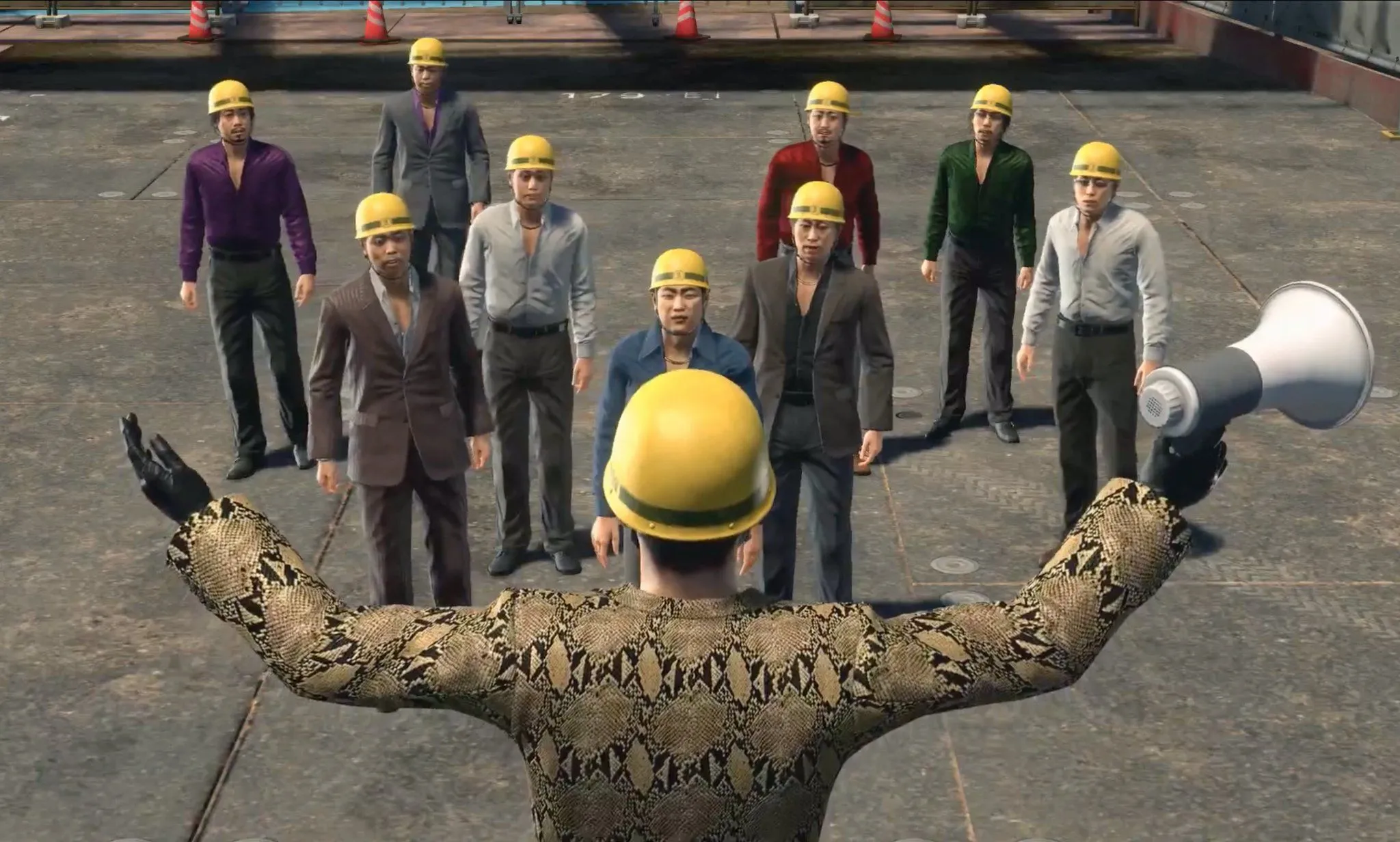 Majima điều hành công trường trong minigame Majima Construction của Yakuza Kiwami 2