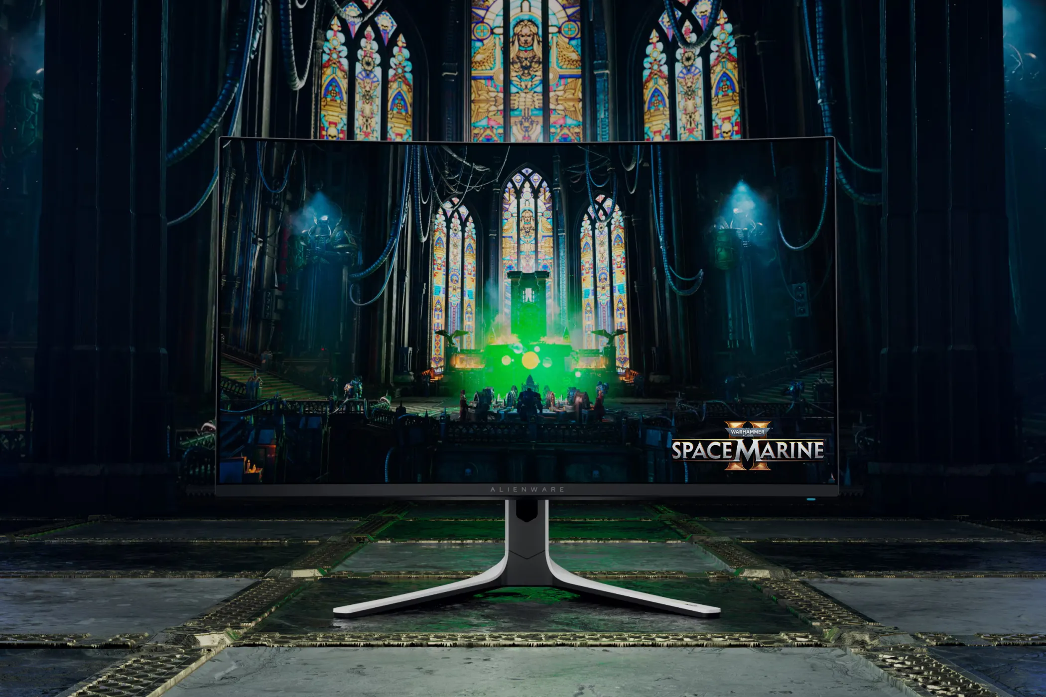 Màn hình Alienware AW3225QF đặt trên sàn. 