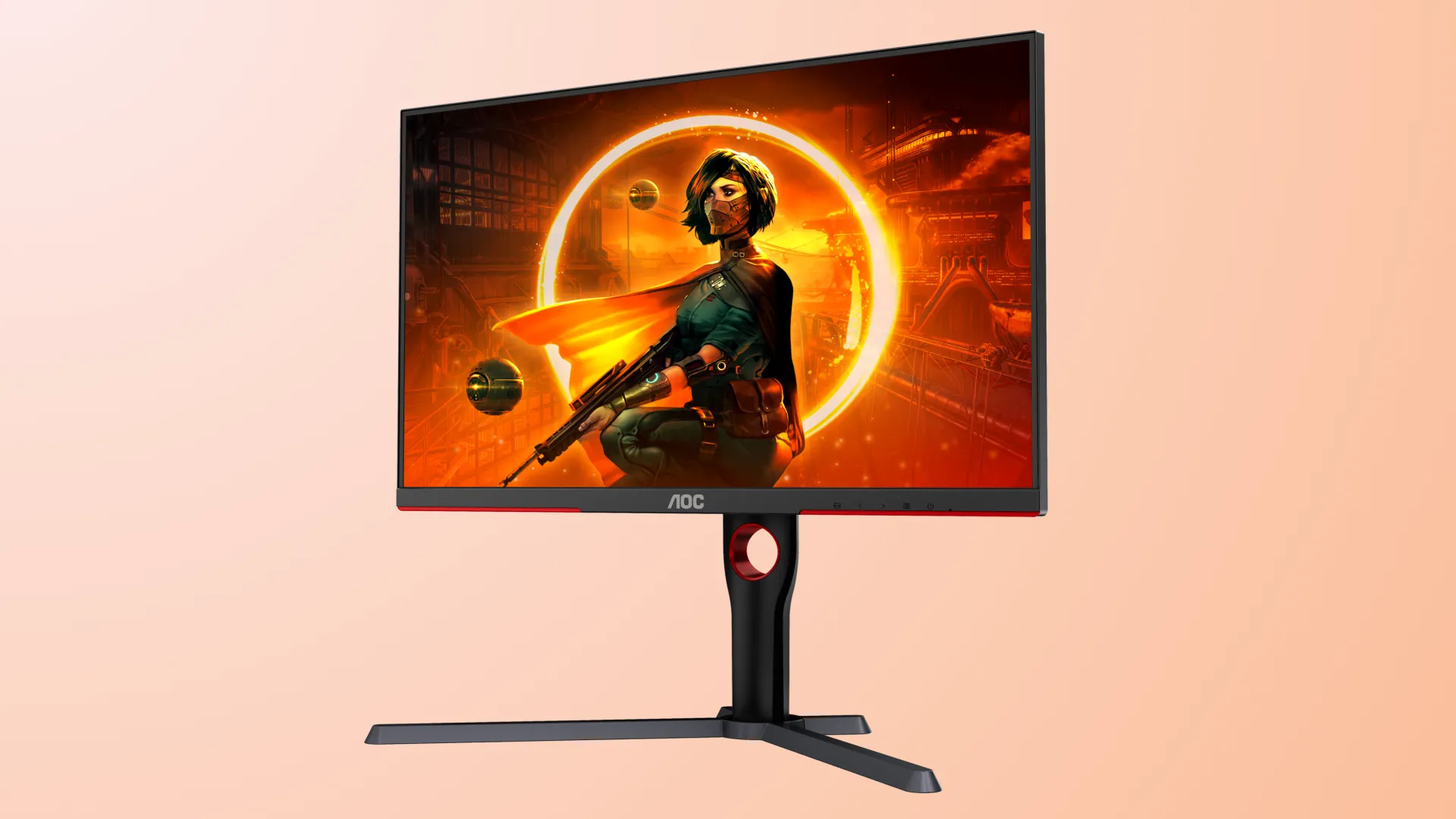 Màn hình AOC Q27G3XMN với nền màu hồng.