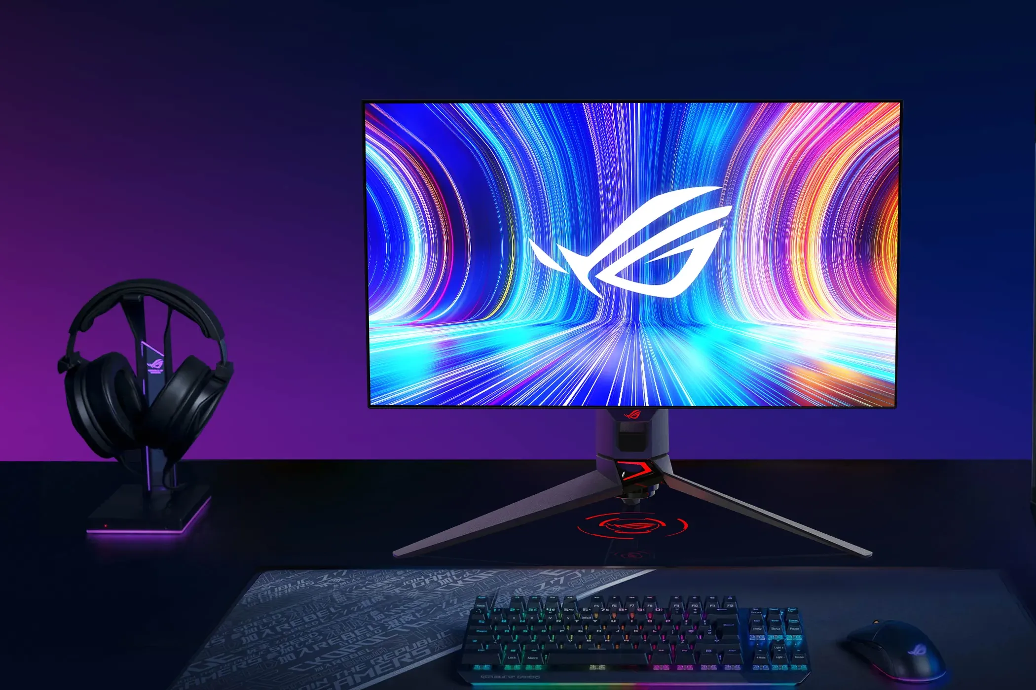 Màn hình ASUS ROG Swift PG27AQDP đặt trên bàn làm việc, góc nghiêng nhẹ.