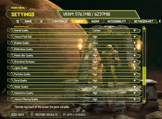 Màn hình cài đặt đồ họa chi tiết trong một tựa game trên PC, cho phép người dùng tùy chỉnh nhiều thông số khác nhau.