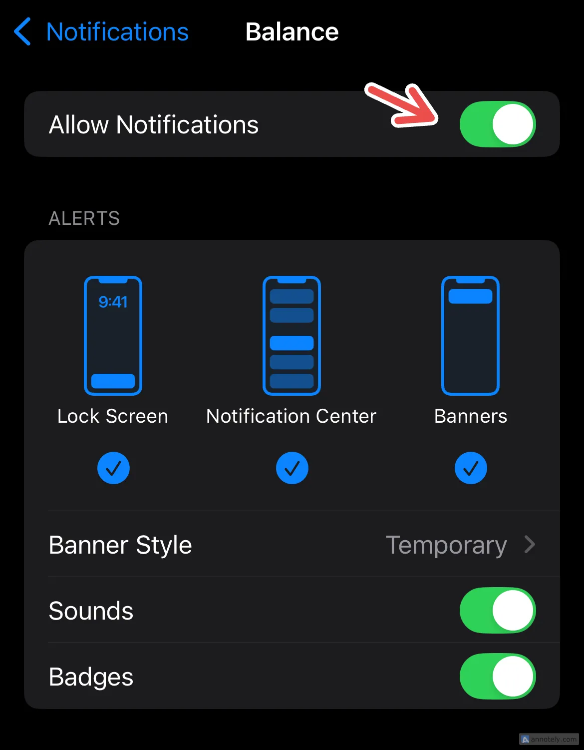 Màn hình cài đặt quản lý thông báo trên iPhone, cho phép tắt hoặc tùy chỉnh cảnh báo từ từng ứng dụng.