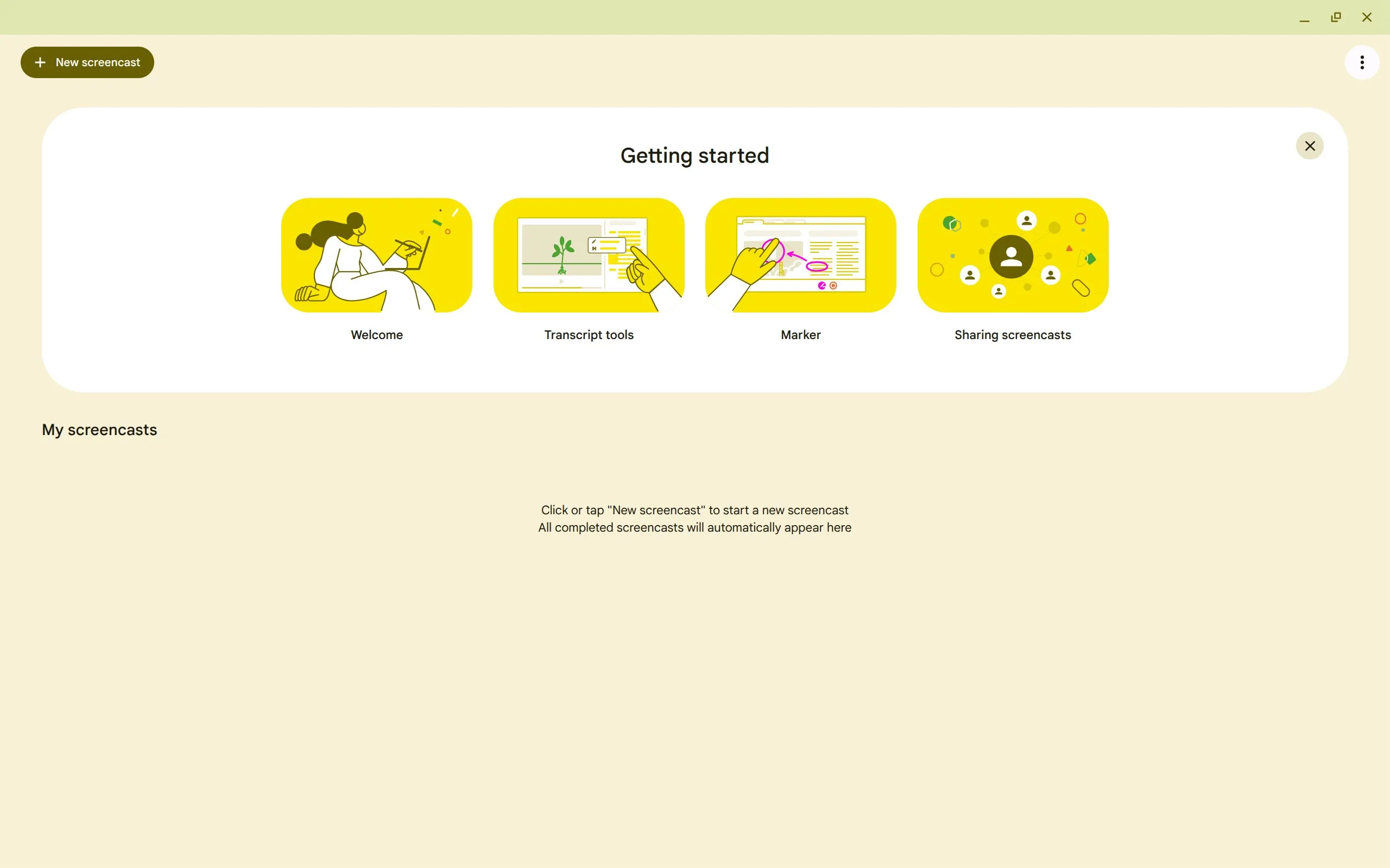 Màn hình chính của ứng dụng Screencast trên Chromebook với các tùy chọn ghi hình