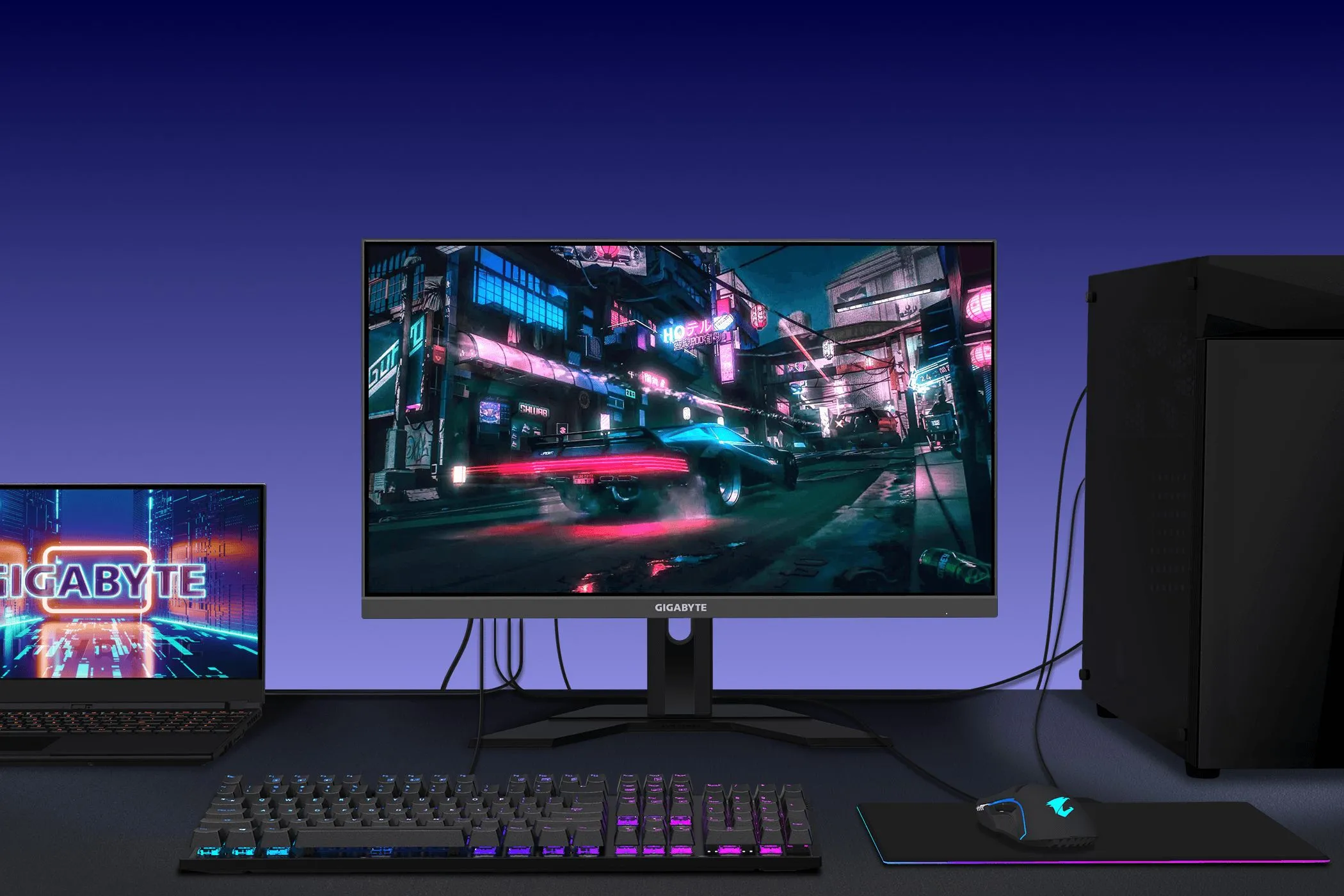 Màn hình chơi game GIGABYTE M28U 16:9 trên bàn làm việc, cho thấy sự gọn gàng.