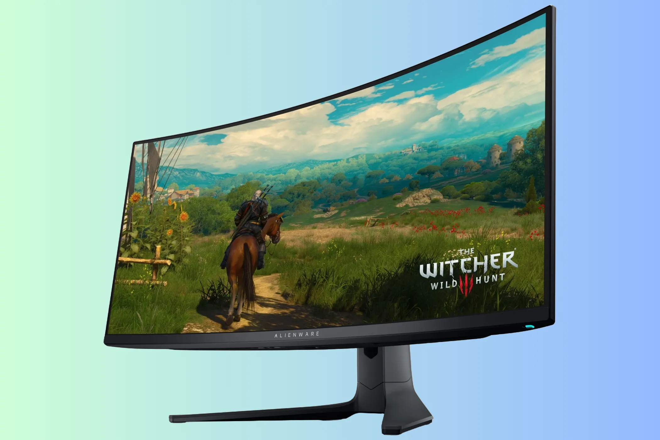 Màn hình Dell Alienware AW3423DWF với nền xanh lam và xanh lục.