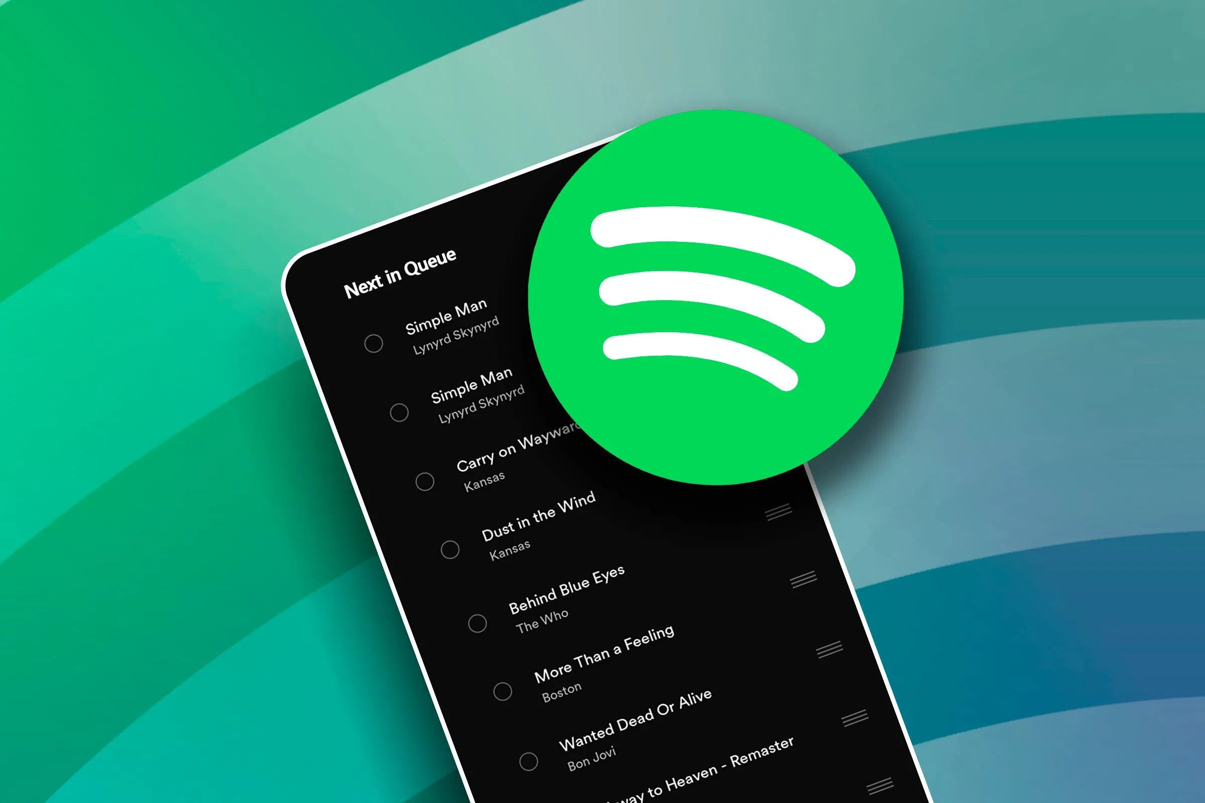 Màn hình điện thoại hiển thị danh sách phát Spotify đang mở, với logo Spotify ở phía trước, tượng trưng cho tính năng nghe nhạc