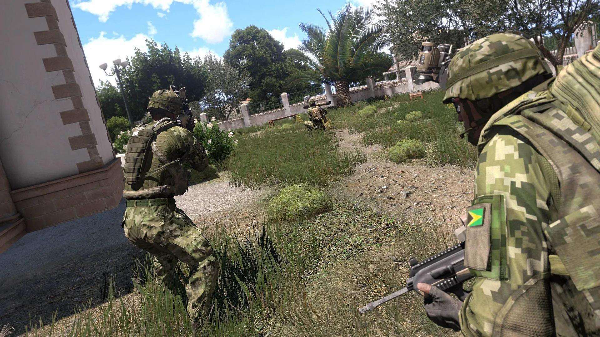 Màn hình game Arma 3 thể hiện cảnh quân đội thực tế trên chiến trường rộng lớn với nhiều phương tiện