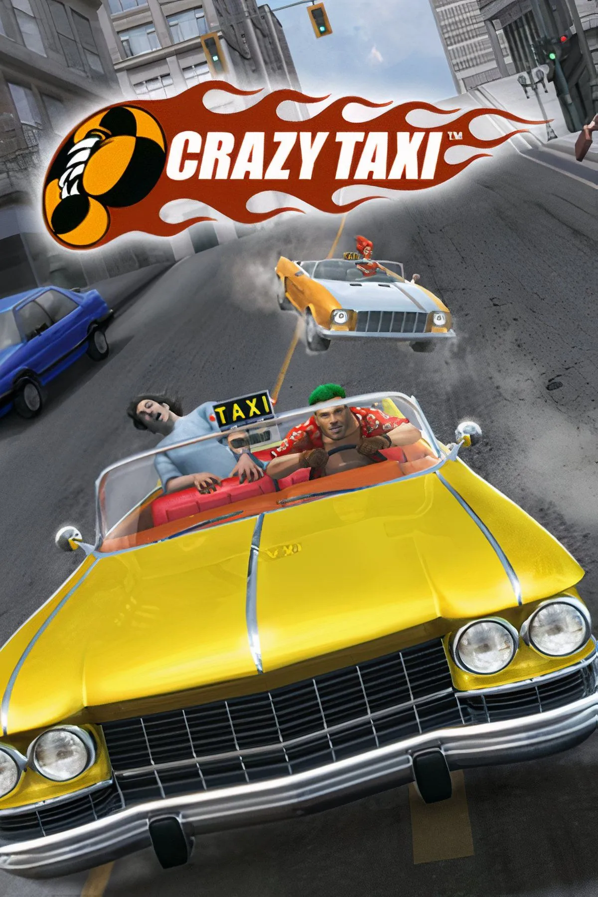 Màn hình game Crazy Taxi với chiếc taxi màu vàng đang phóng nhanh trên đường phố đầy màu sắc