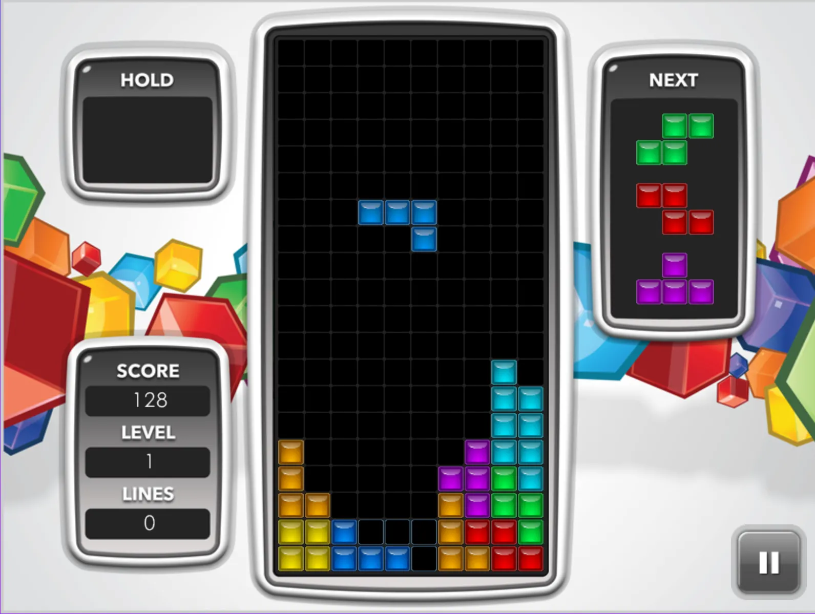Màn hình gameplay của Tetris cổ điển với các khối hình đang rơi xuống