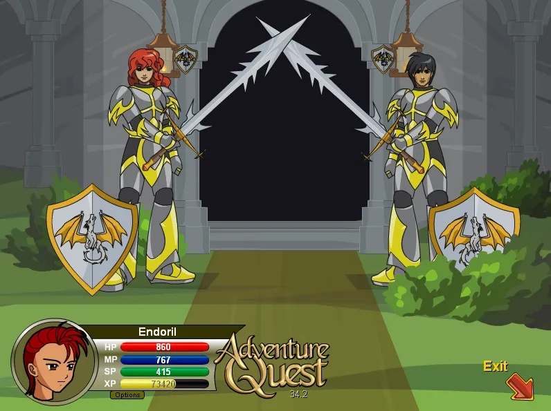 Màn hình giao diện của AdventureQuest phiên bản gốc năm 2002, thể hiện phong cách đồ họa Flash đơn giản và các tùy chọn trong tựa game RPG trình duyệt này.