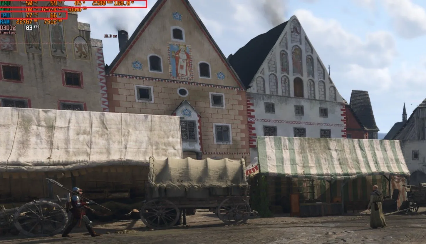 Màn hình hiển thị chỉ số hiệu năng trong game Kingdom Come: Deliverance 2, cho thấy GPU bị nghẽn do CPU không đáp ứng kịp.