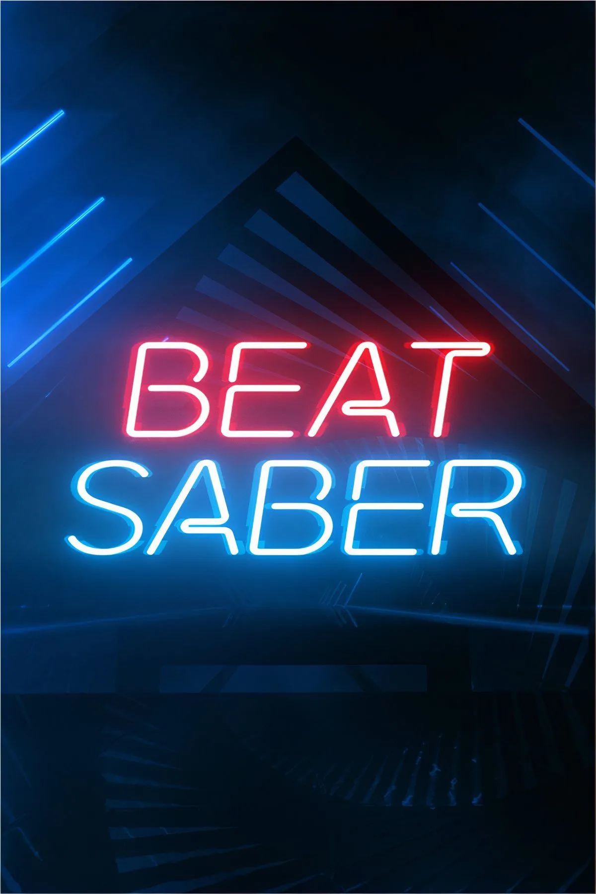Màn hình hiển thị gameplay Beat Saber với các khối màu và thanh kiếm, minh họa tính chất nhịp điệu của game.