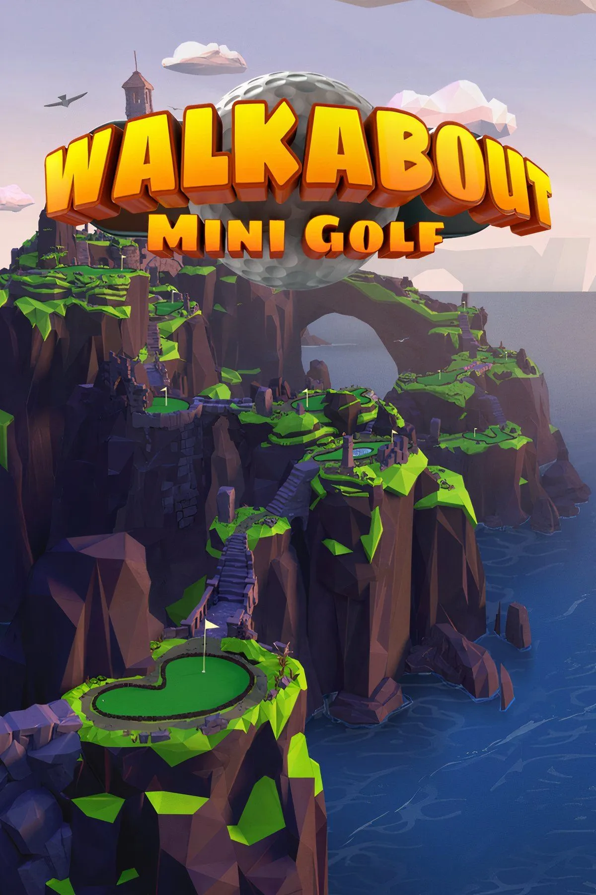 Màn hình hiển thị gameplay của Walkabout Mini Golf VR với góc nhìn từ trên cao, cho thấy sân golf mini và người chơi.