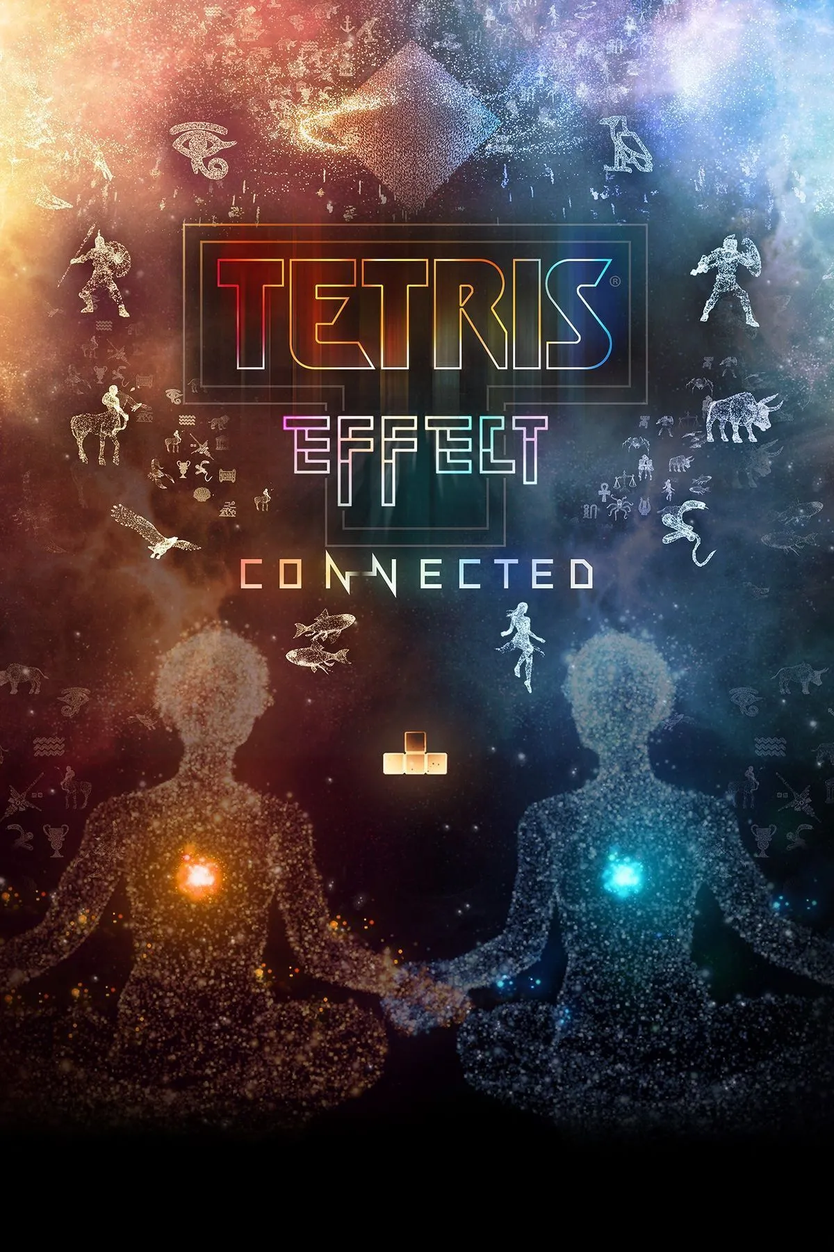 Màn hình hiển thị gameplay Tetris Effect Connected với các khối rơi và hiệu ứng hình ảnh độc đáo.