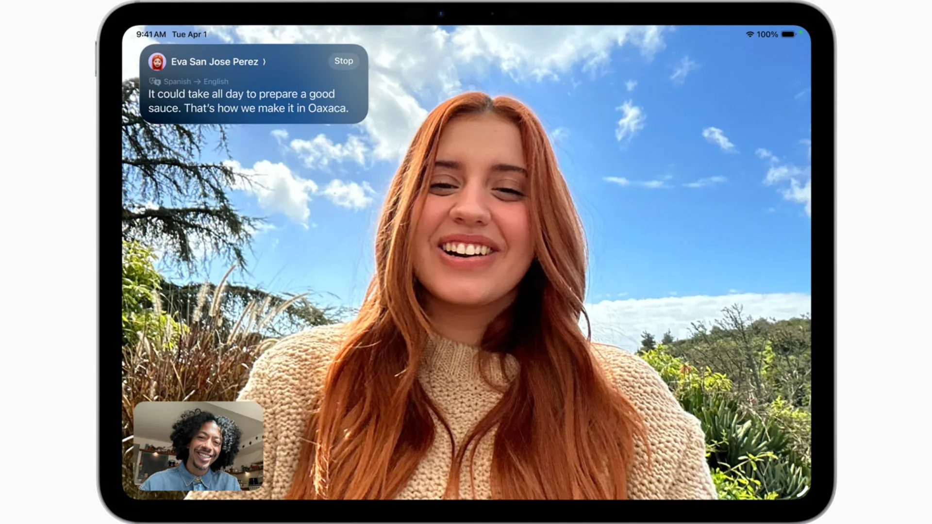 Màn hình iPadOS 26 hiển thị tính năng Dịch Trực Tiếp trong ứng dụng FaceTime, cho phép dịch thuật thời gian thực trong cuộc gọi video.