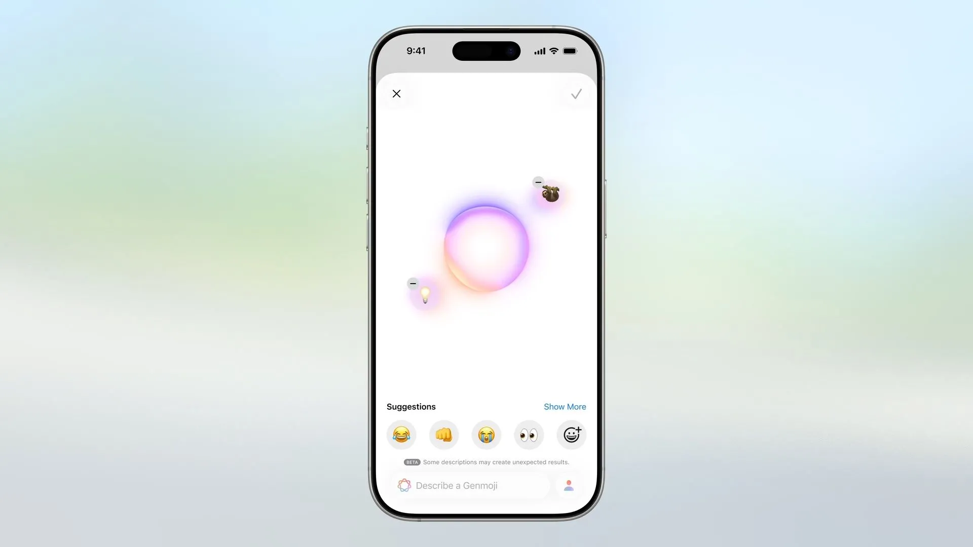 Màn hình iPhone với Genmoji kết hợp hai biểu tượng cảm xúc, minh họa khả năng sáng tạo emoji độc đáo bằng AI trong iOS 26.