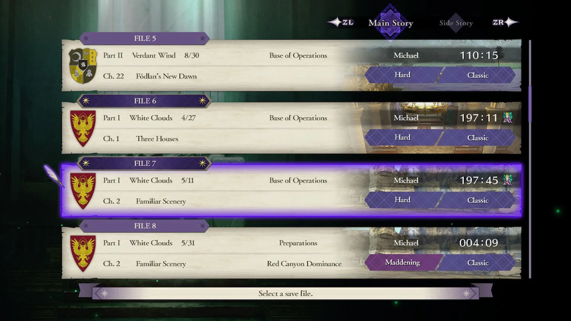 Màn hình lưu game Fire Emblem: Three Houses với tổng thời gian chơi đáng kể, đối lập với xu hướng giảm các buổi chơi game thâu đêm khi trưởng thành