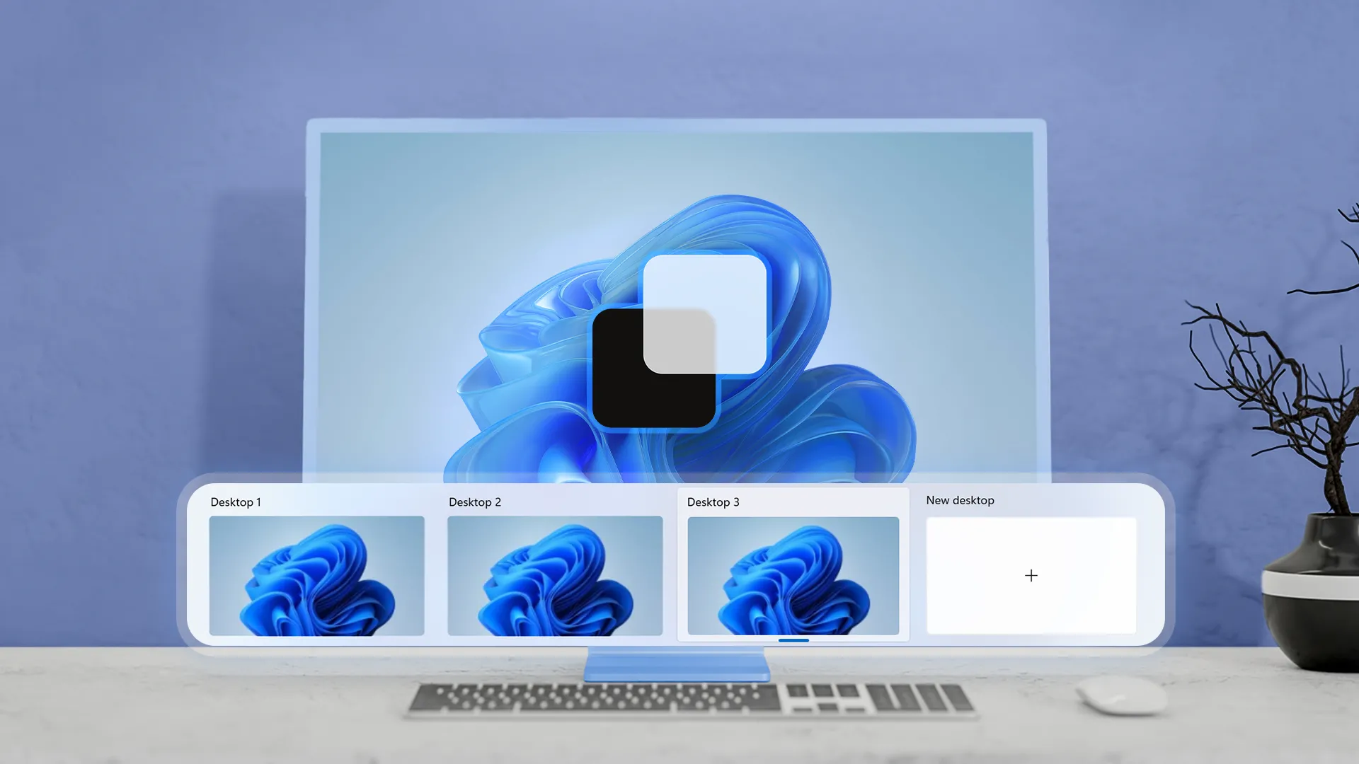 Màn hình máy tính hiển thị giao diện Windows 11 hiện đại với hiệu ứng mờ và các xem trước desktop ảo.